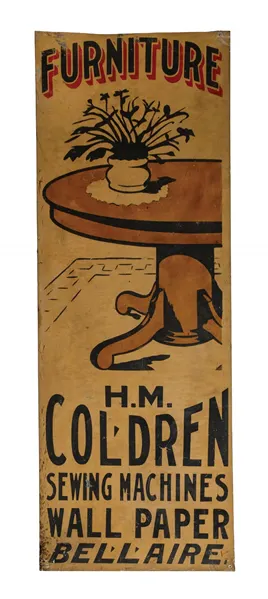ITHICA TIN SIGN FOR H.M COLDREN FURNITURE & SEWING MACHINES