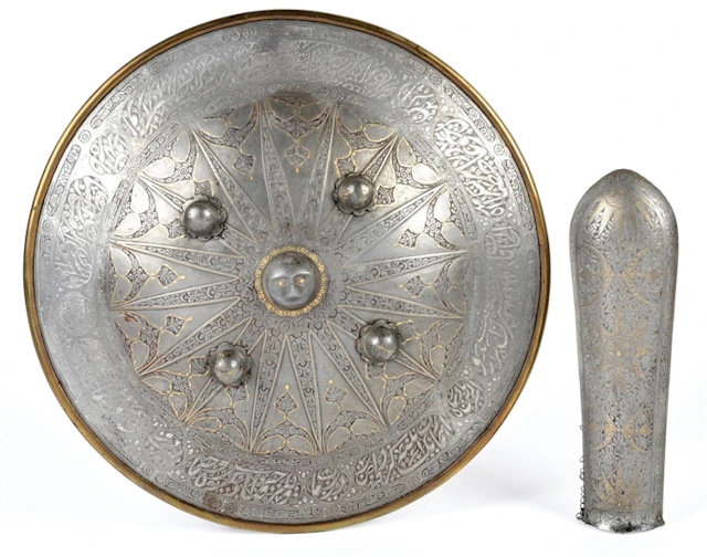 LOT OF 2: PERSIAN SIPAR SHIELD AND BAZUBAND ARM GUARD.