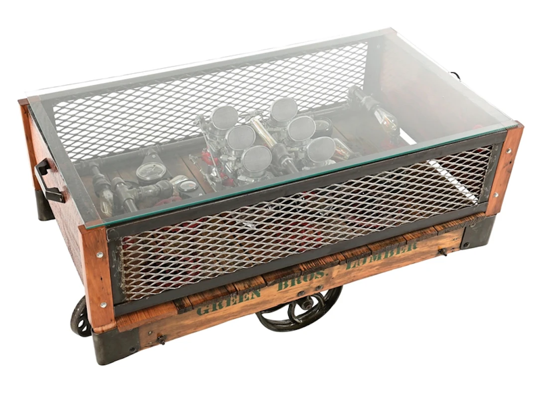 ORNATE GREEN BROTHERS LUMBER INDUSTRIAL COFFEE TABLE CART SHOWING