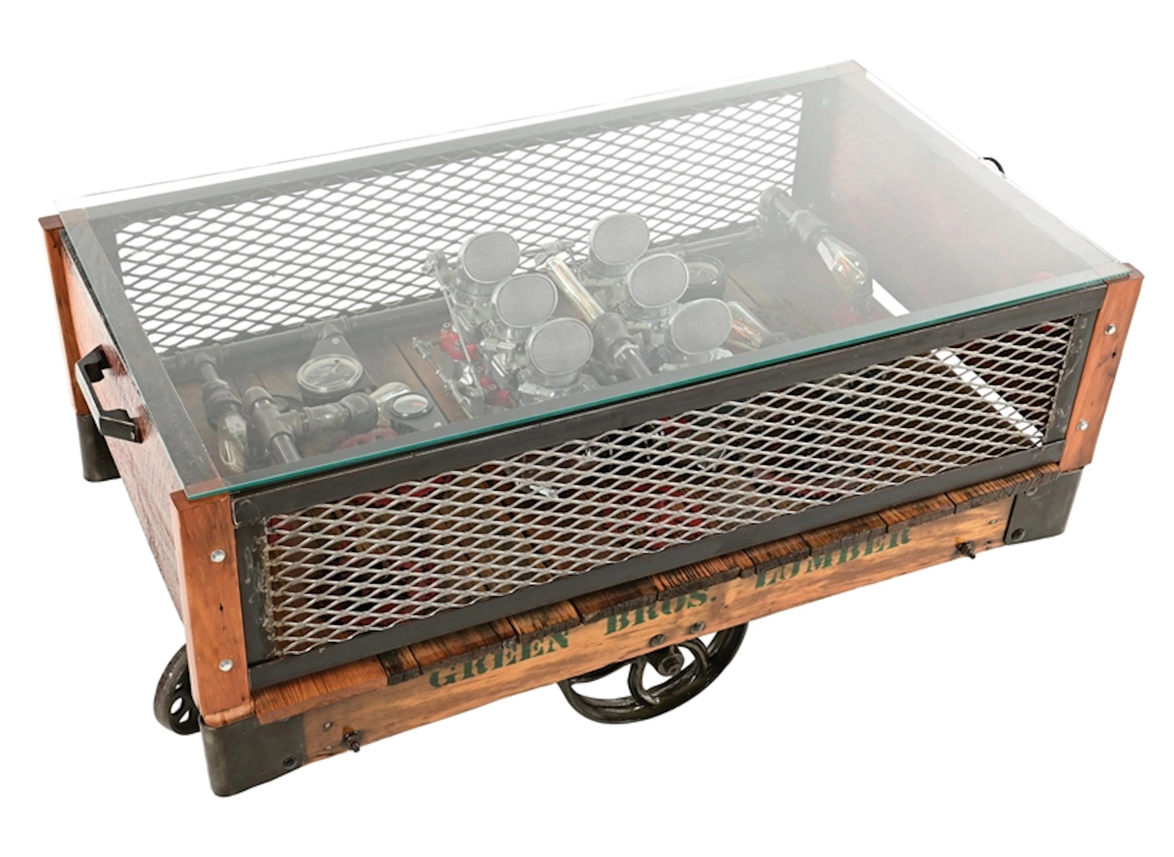 ORNATE GREEN BROTHERS LUMBER INDUSTRIAL COFFEE TABLE CART SHOWING
