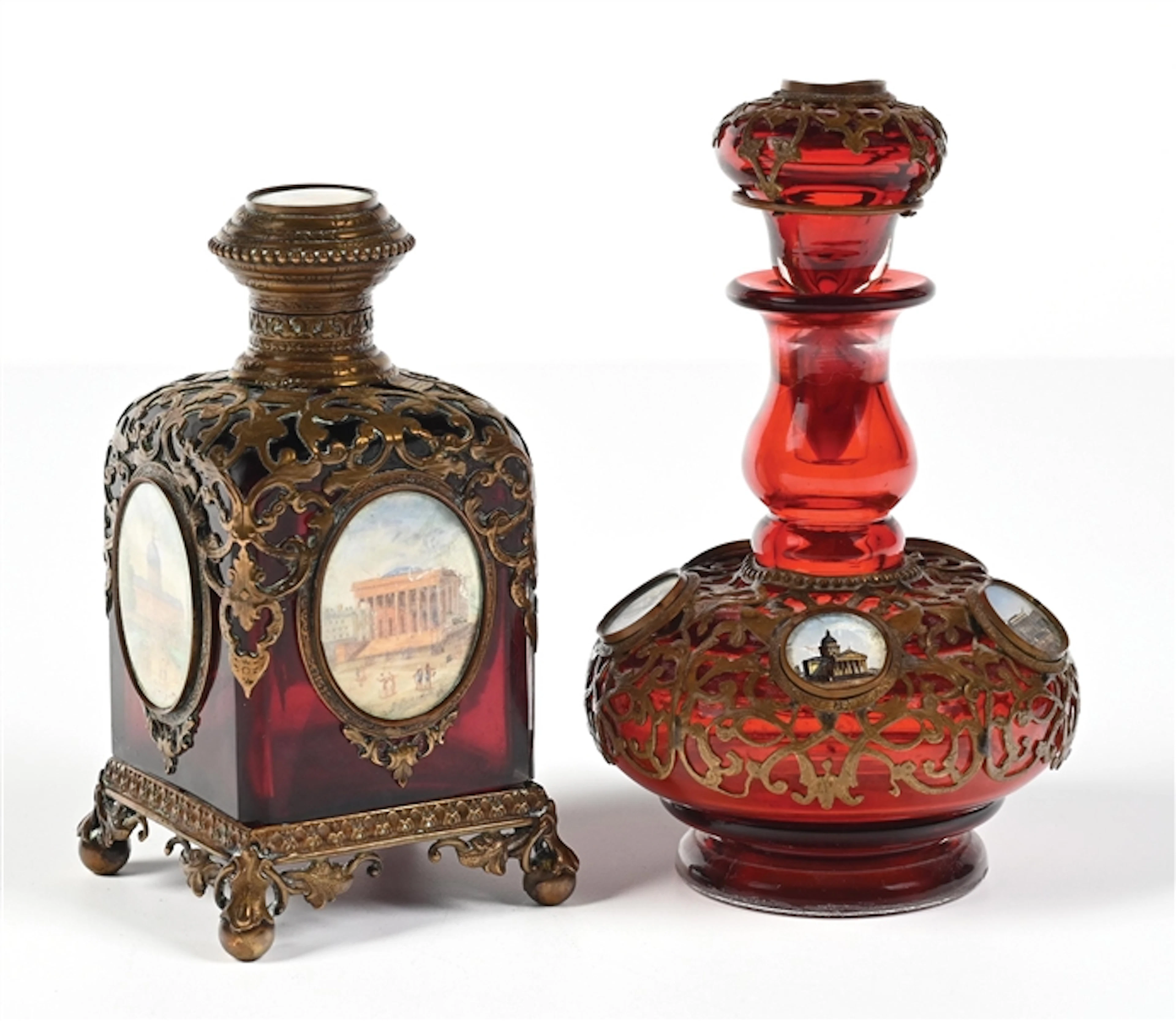 LOT OF 2: RUBY RED GLASS PERFUME BOTTLES WITH GILT BRONZE AND LANDMARK