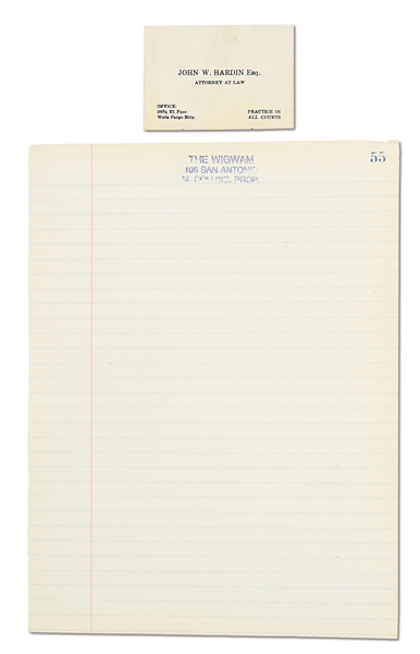 DESIREABLE JOHN WELSEY HARDIN CALLING CARD WITH NOTARIZED LETTER