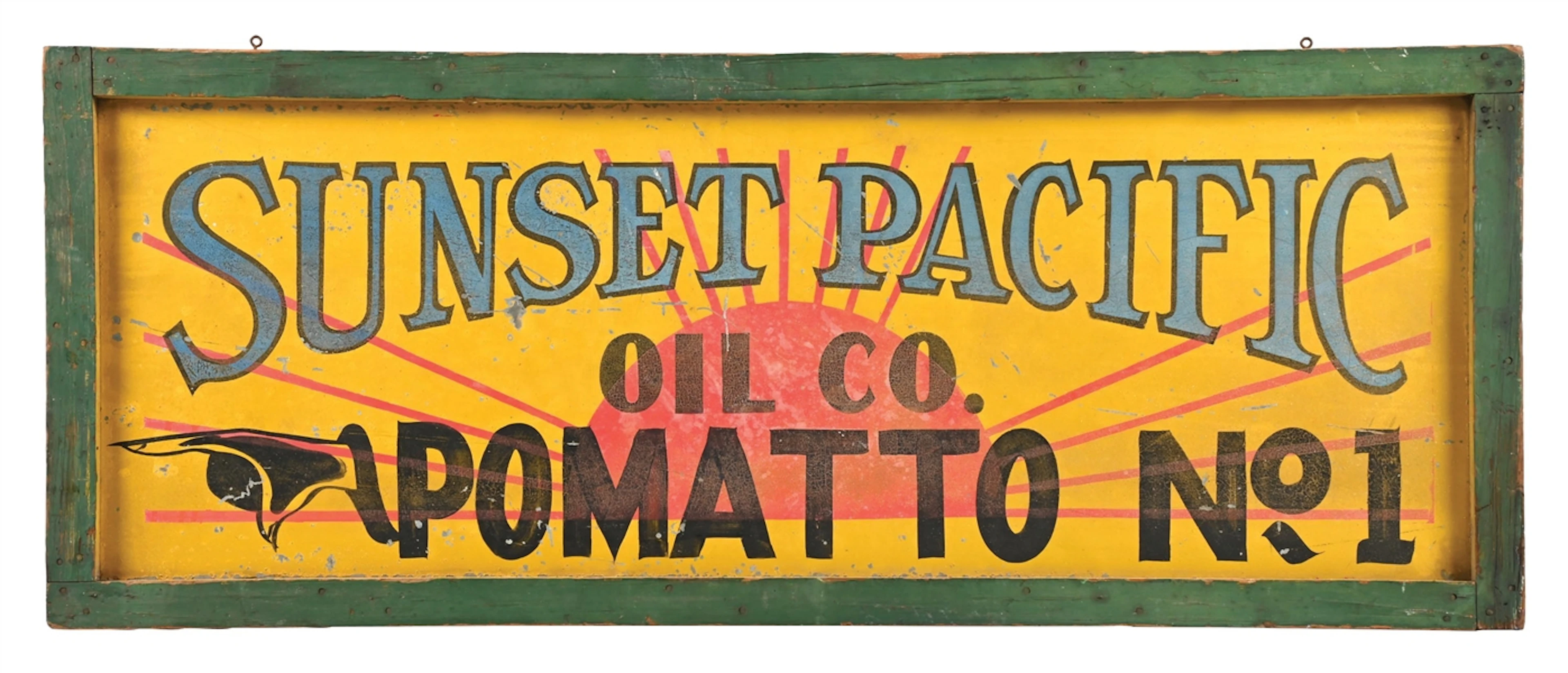 RARE SUNSET PACIFIC OIL CO. POMATTO NO. 1 PAINTED TIN SIGN WITH ORIGINAL