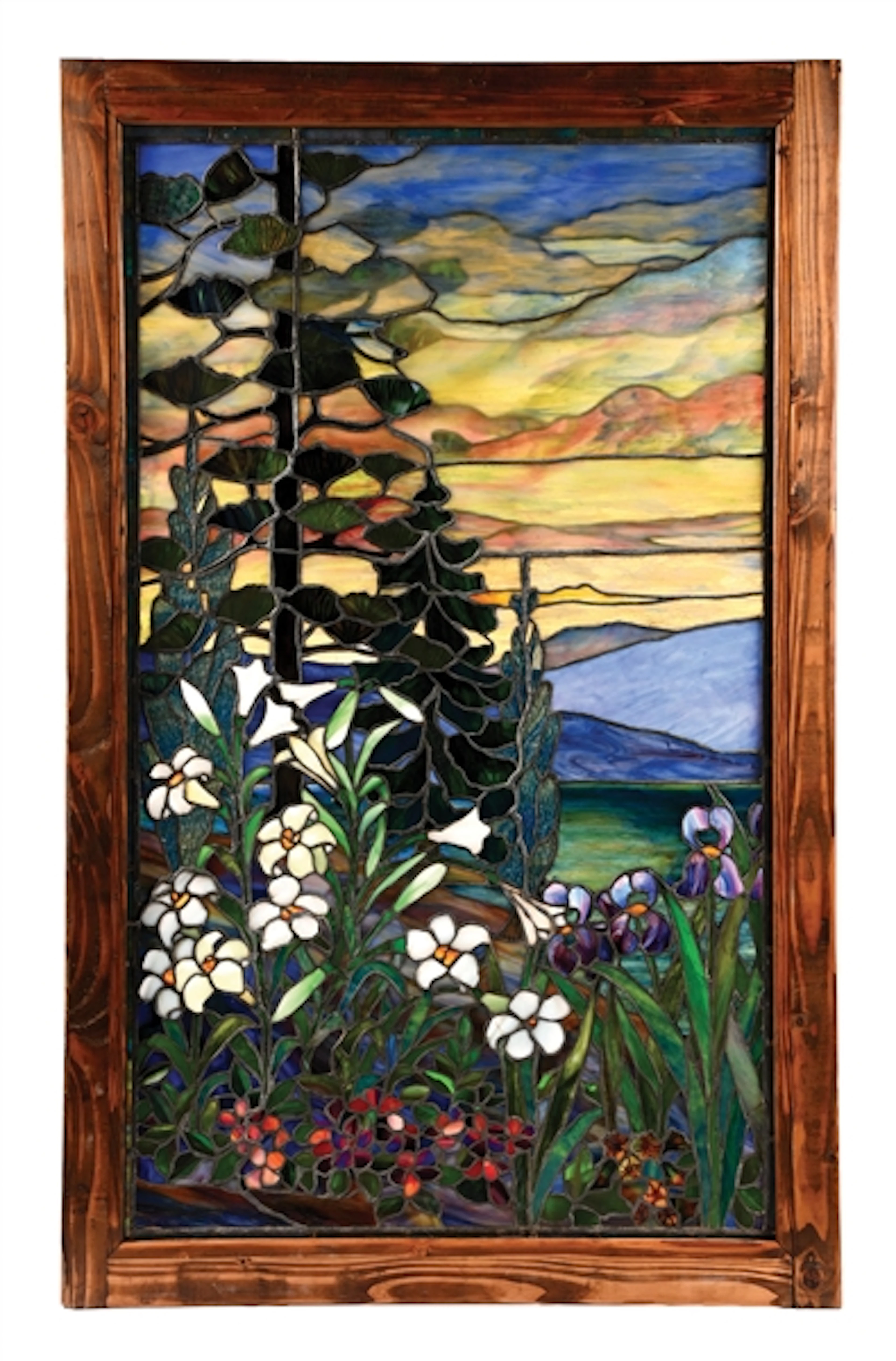 BEAUTIFUL FLORAL LANDSCAPE STAINED GLASS WINDOW