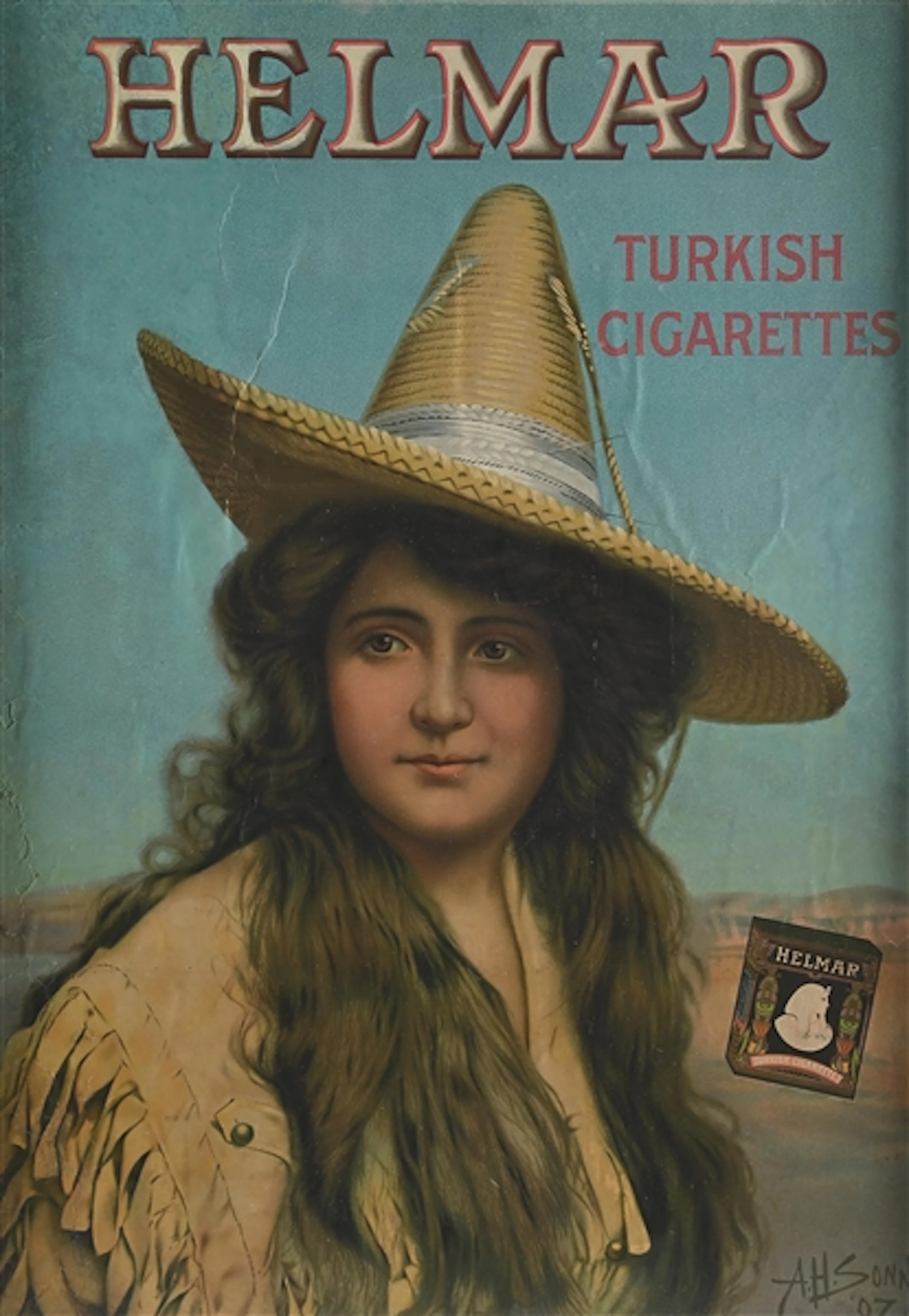 HELMAR TURKISH CIGARETTES AMERICAN COWGIRL LITHO ADVERTISING SIGN