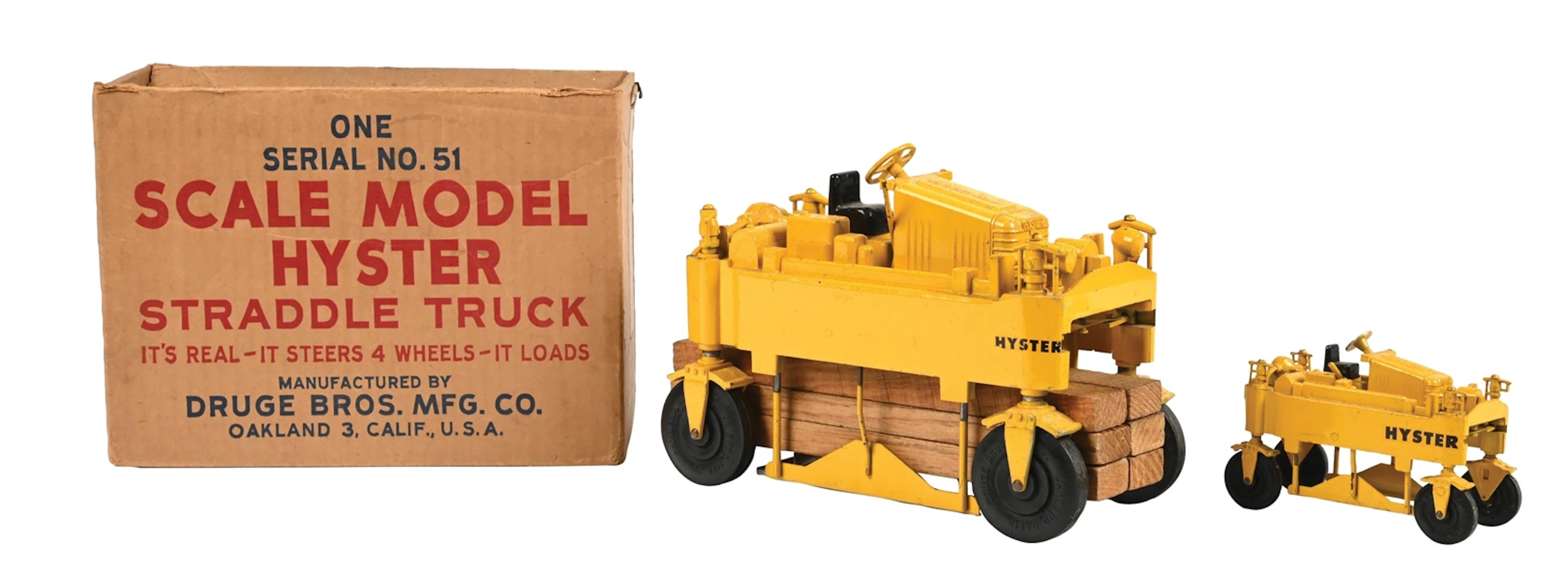 LOT OF 2: SMALL & LARGE DRUGE HYSTER STRADDLE TRUCK TOYS WITH ONE ORIGINAL BOX