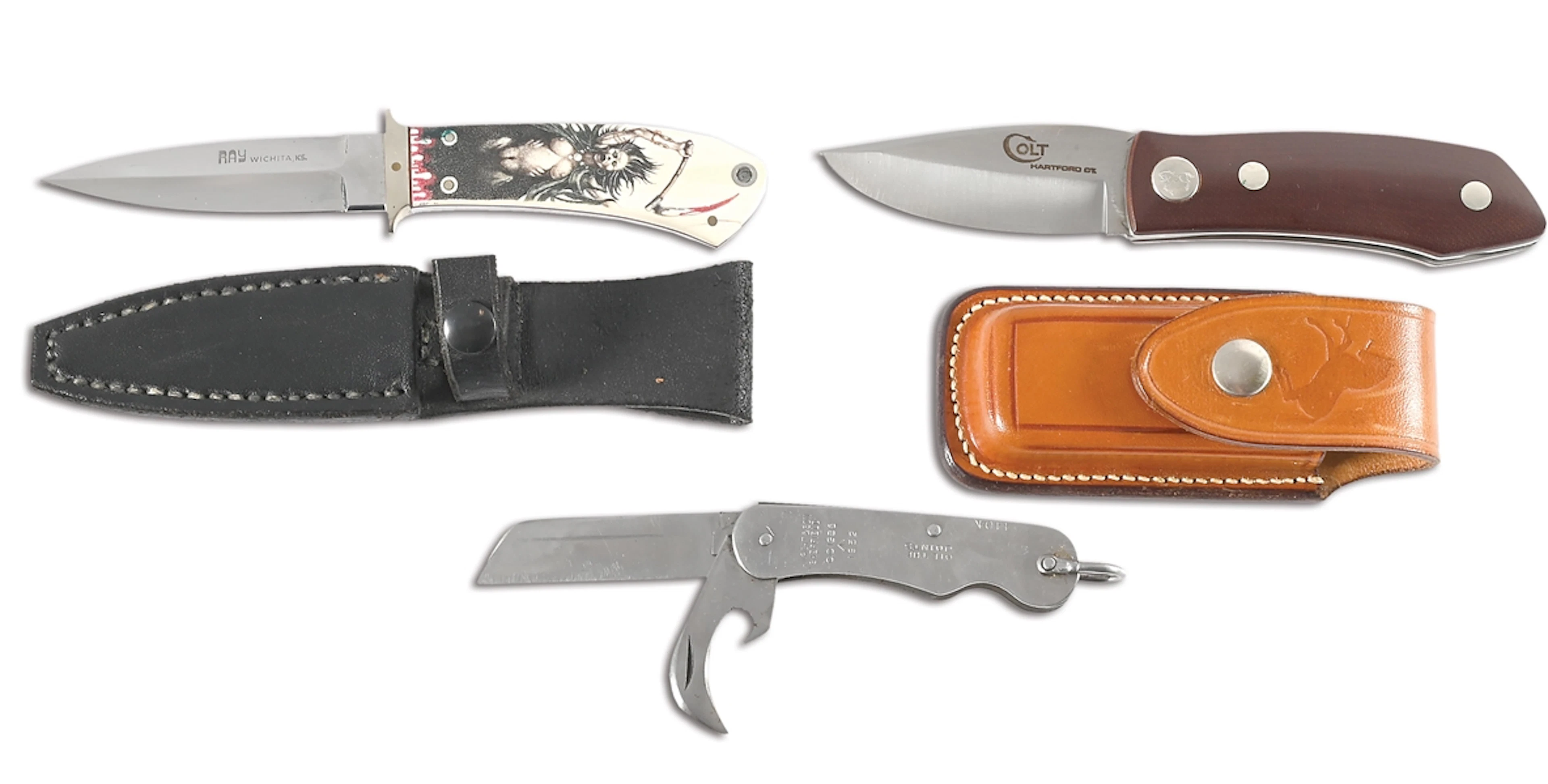 LOT OF 3: RAY MICHAEL BELT KNIFE, COLT SWING HUNTER, AND A. WRIGHT