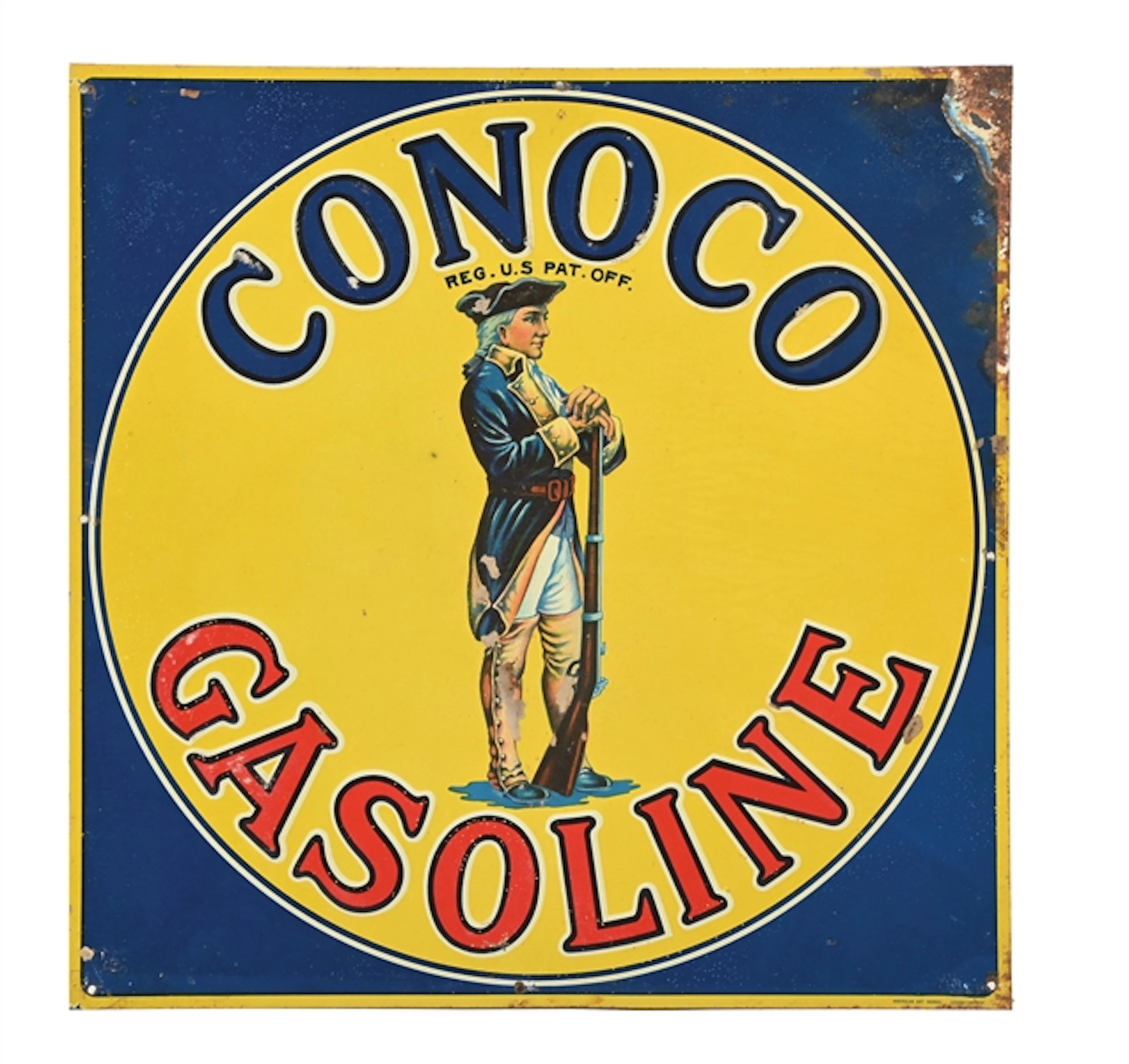 CONOCO GASOLINE EMBOSSED TIN SIGN WITH MINUTEMAN GRAPHIC