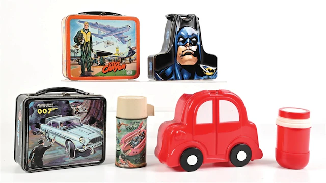 LOT OF 4: JAMES BOND 007, STEVE CANYON, RED PLASTIC CAR, AND BATMAN LUNCHBOXES