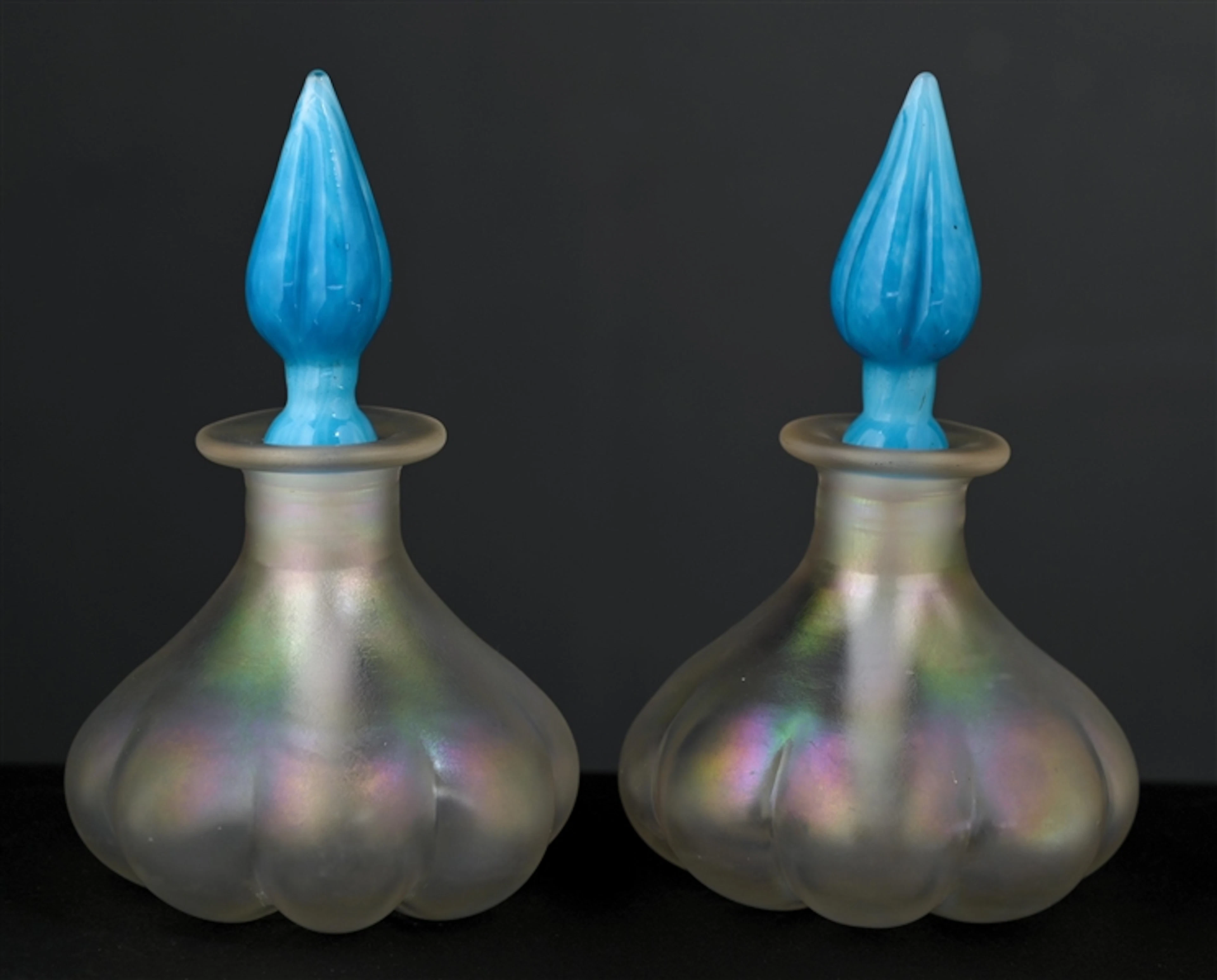 LOT OF 2: STEUBEN VERRE DE SOIE PERFUME BOTTLES WITH CELESTE BLUE STOPPERS