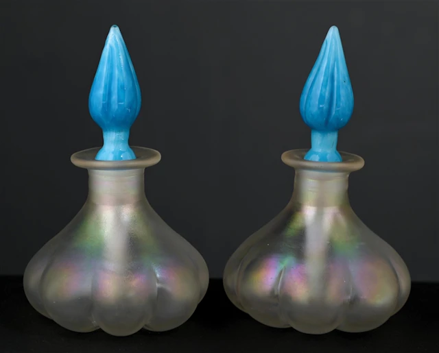 LOT OF 2: STEUBEN VERRE DE SOIE PERFUME BOTTLES WITH CELESTE BLUE STOPPERS