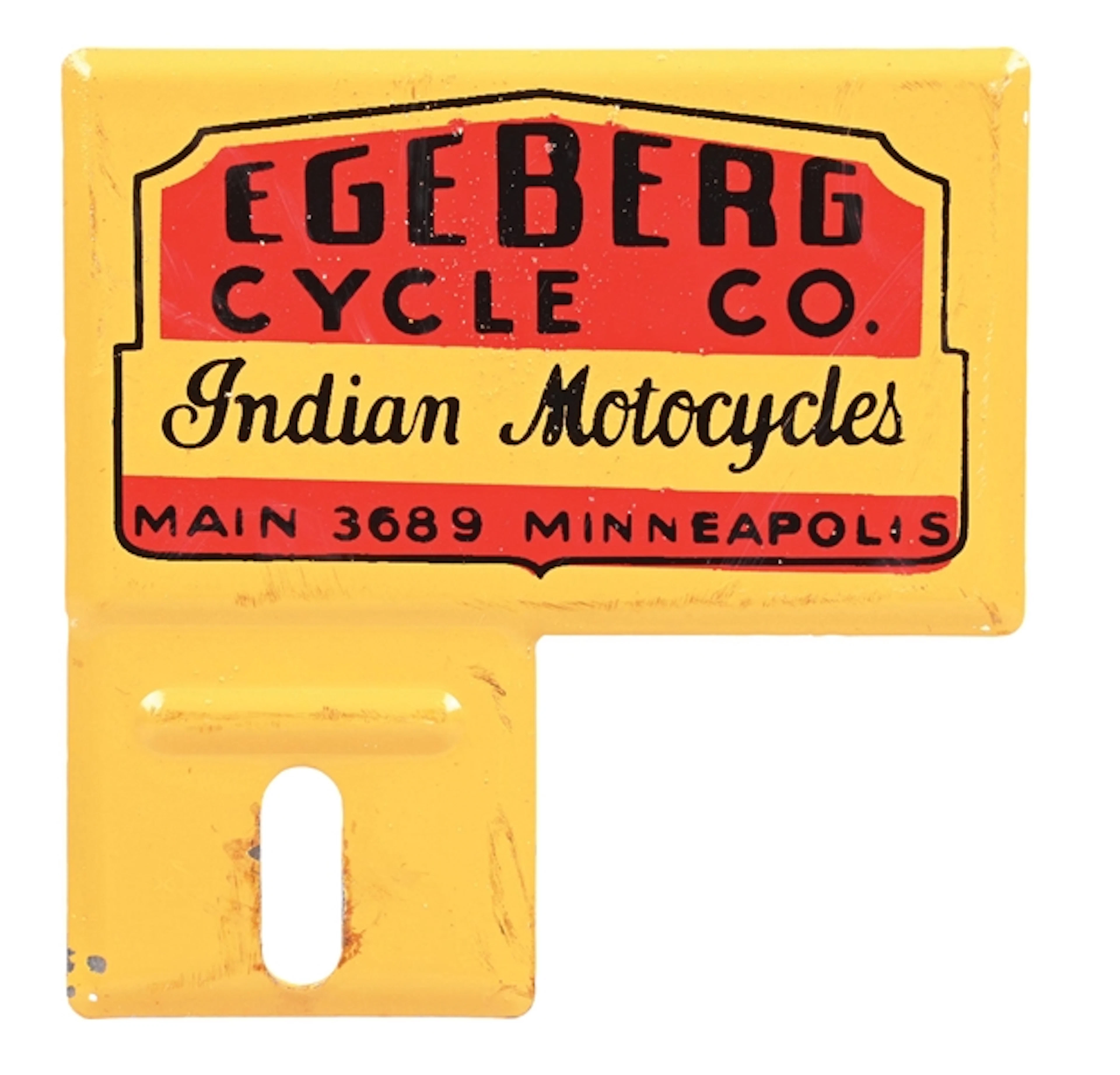 INDIAN MOTORCYCLES EGEBERG CYCLE CO. TIN DEALERSHIP LICENSE PLATE TOPPER