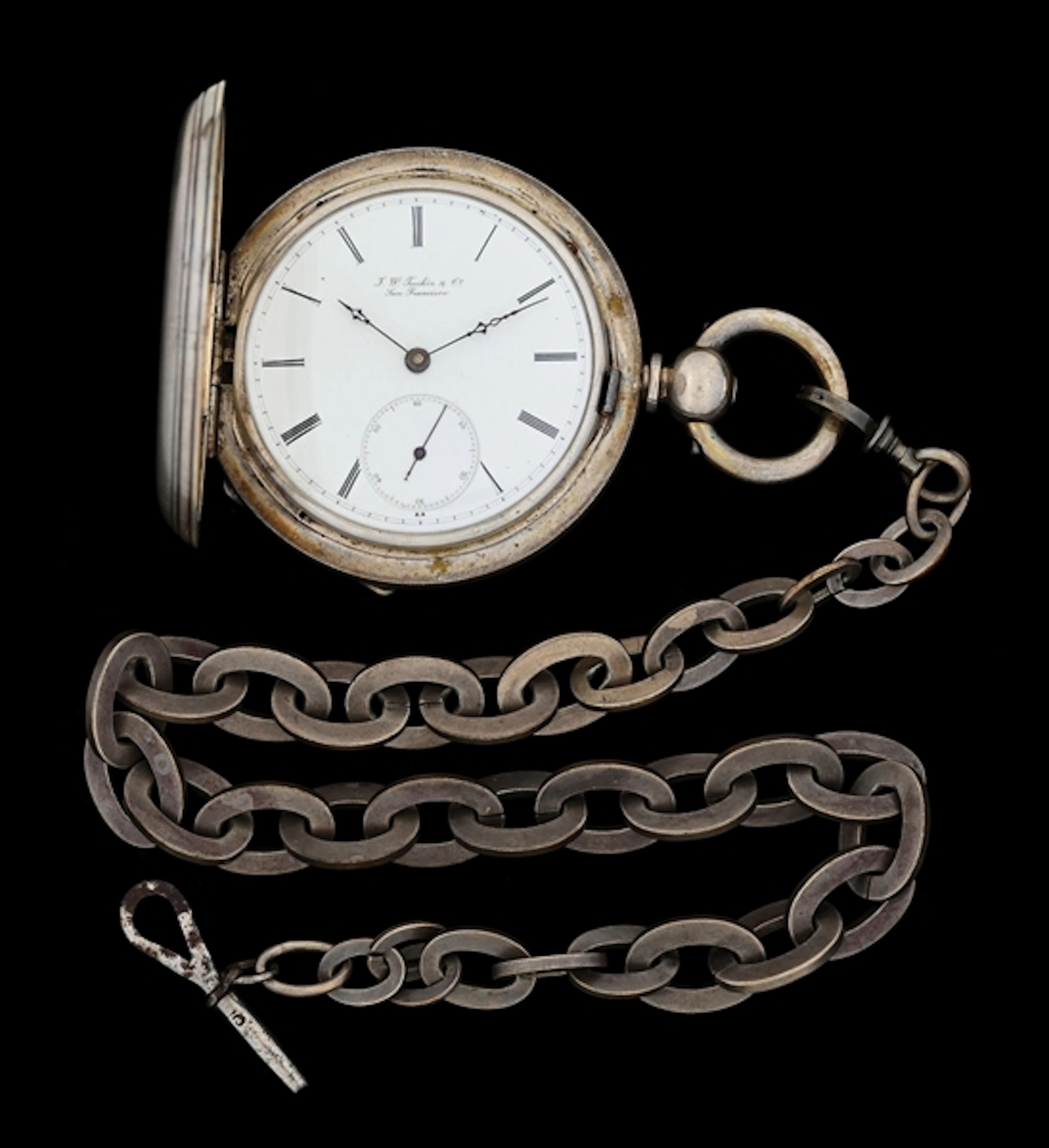 FINE SILVER WALTHAM PRIVATE LABEL H/C POCKET WATCH FOR J.W. TUCKER W/CHAIN