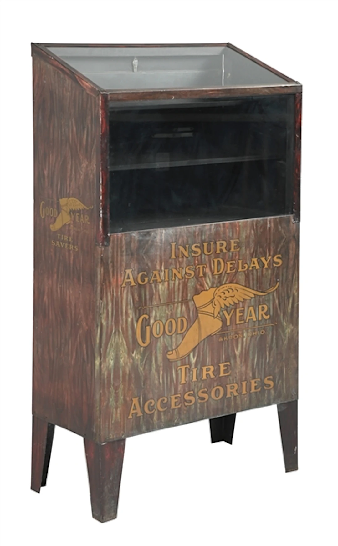 RARE GOODYEAR TIRE ACCESSORIES TIN & GLASS STORE DISPLAY CABINET