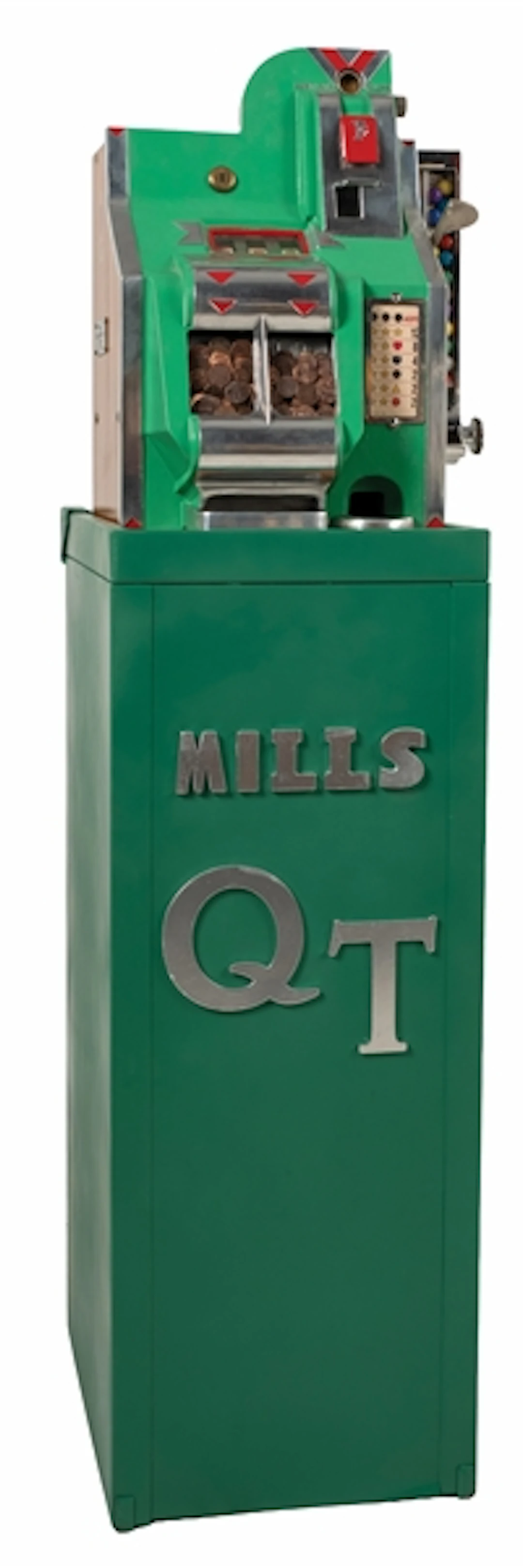 1¢ MILLS "QT CHEVRON" SLOT MACHINE WITH SIDE VENDER ON STAND