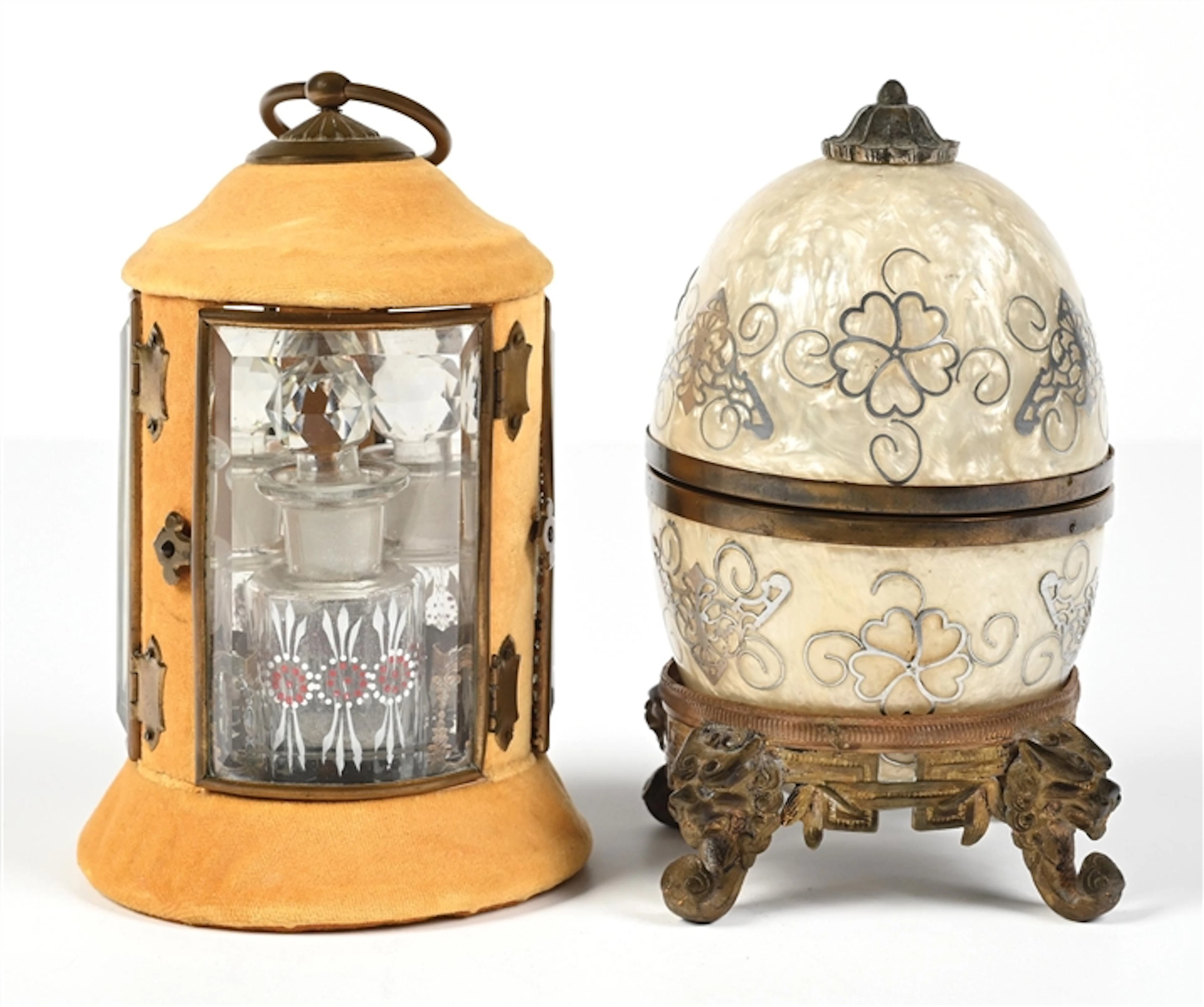 LOT OF 2: INLAY EGG PERFUME CADDY & VELVET AND GLASS PERFUME CADDIES