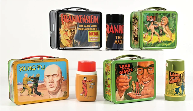 LOT OF 4: FRANKENSTEIN, TARZAN, LAND OF THE GIANTS & KUNG-FU LUNCH BOXES
