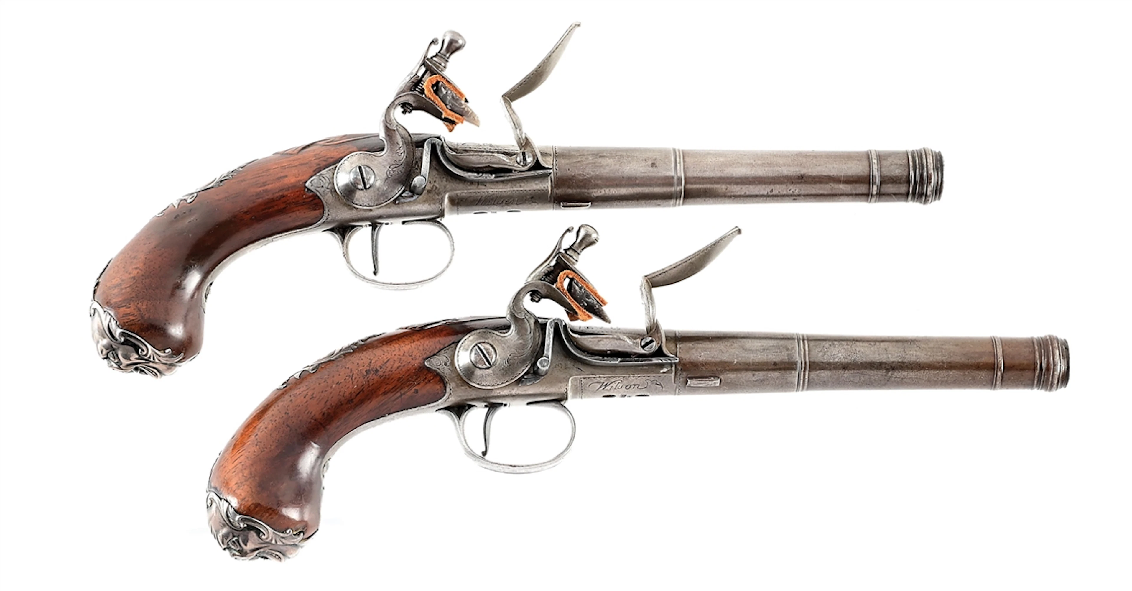 (A) PAIR OF QUEEN ANNE STYLE BRITISH SILVER MOUNTED FLINTLOCK PISTOLS
