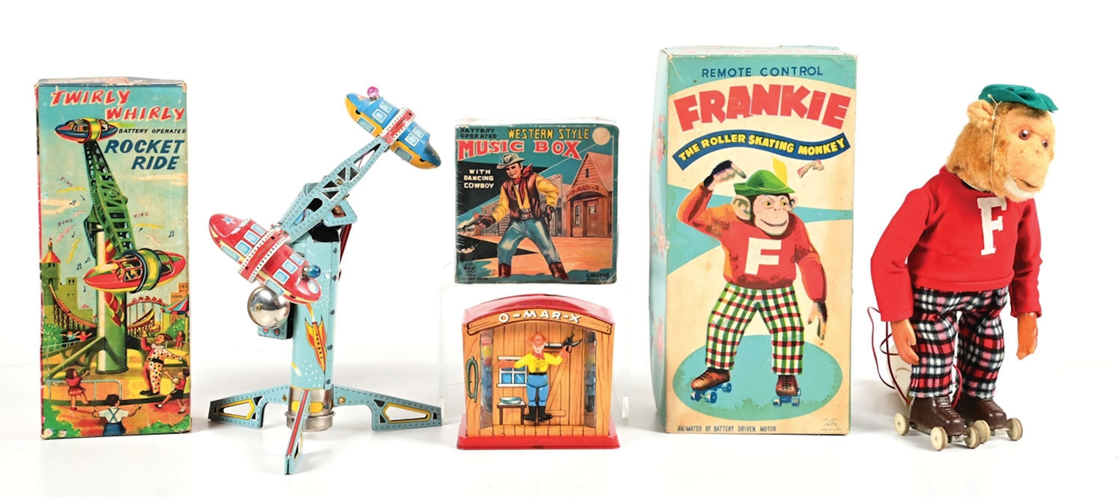 LOT OF 3: BATTERY OPERATED LINEMAR WESTERN STYLE MUSIC BOX, TWIRLY