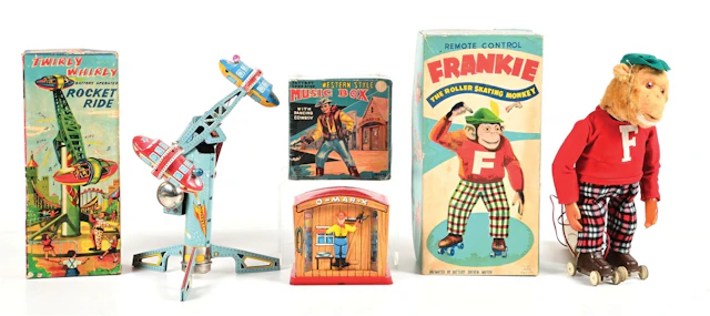 LOT OF 3: BATTERY OPERATED LINEMAR WESTERN STYLE MUSIC BOX, TWIRLY
