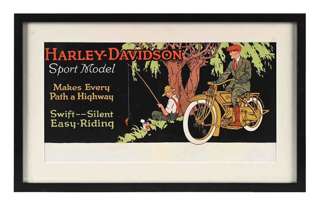 HARLEY-DAVIDSON SPORT MODEL FRAMED CARDSTOCK TROLLEY CARD SIGN.