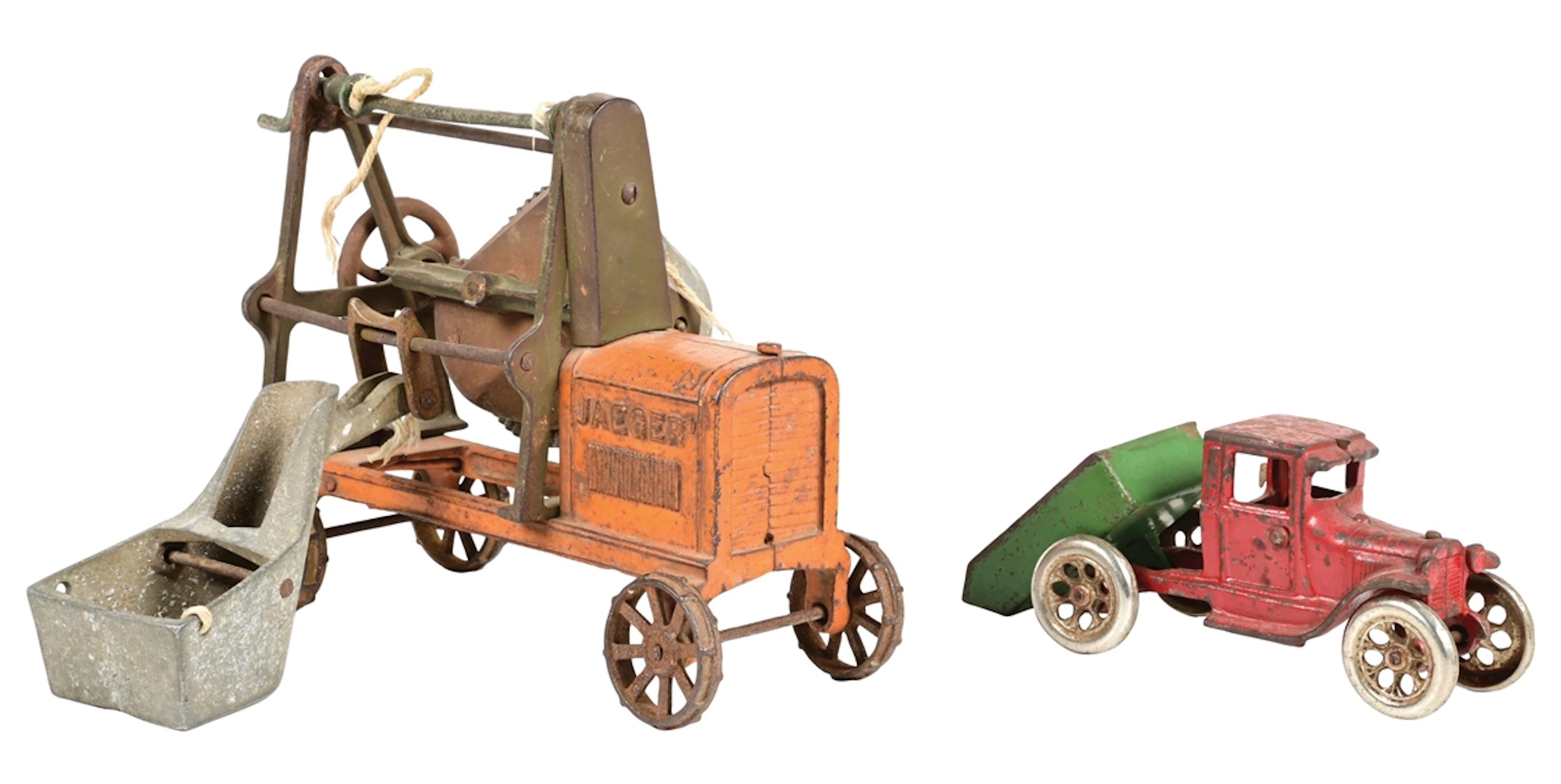 LOT OF 2: KENTON JAEGER CAST IRON CEMENT MIXER AND ARCADE DUMP TRUCK