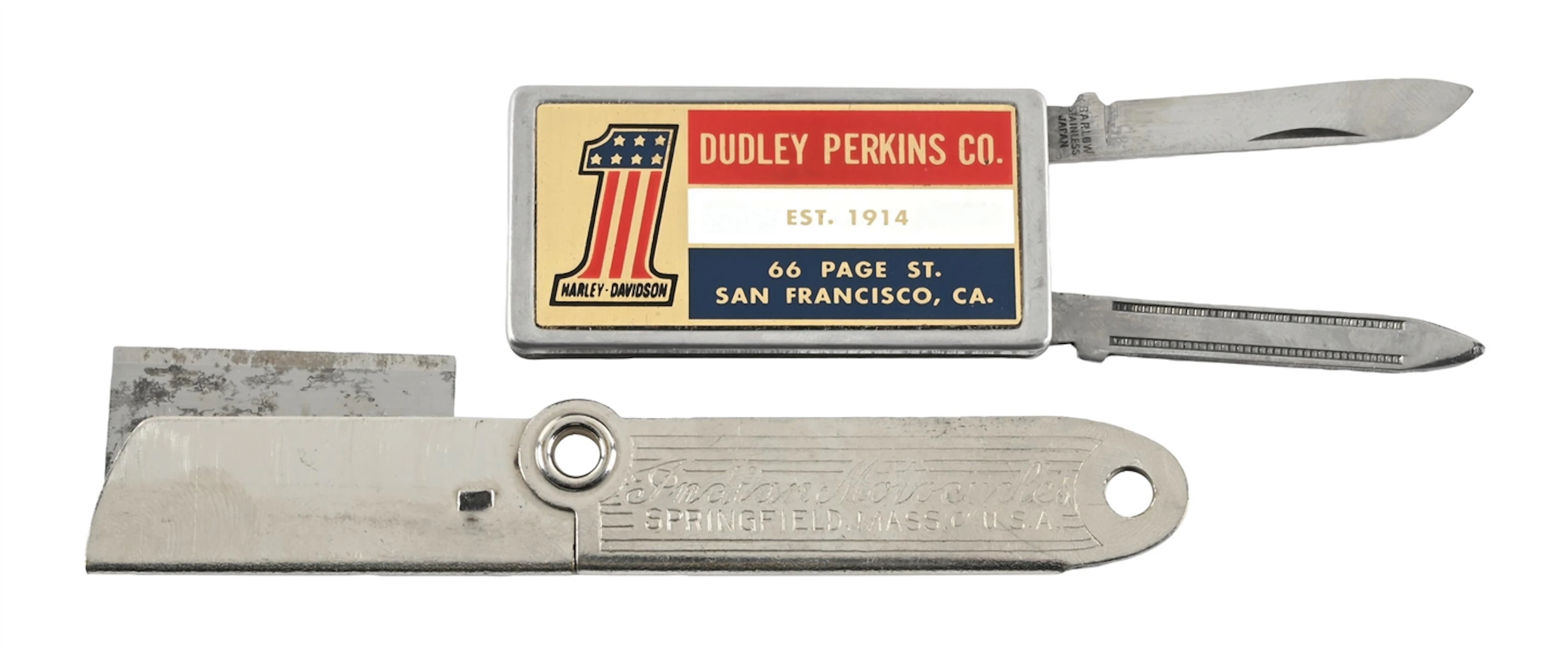 COLLECTION OF 2: INDIAN AND HARLEY-DAVIDSON MOTORCYCLES POCKET KNIFES.