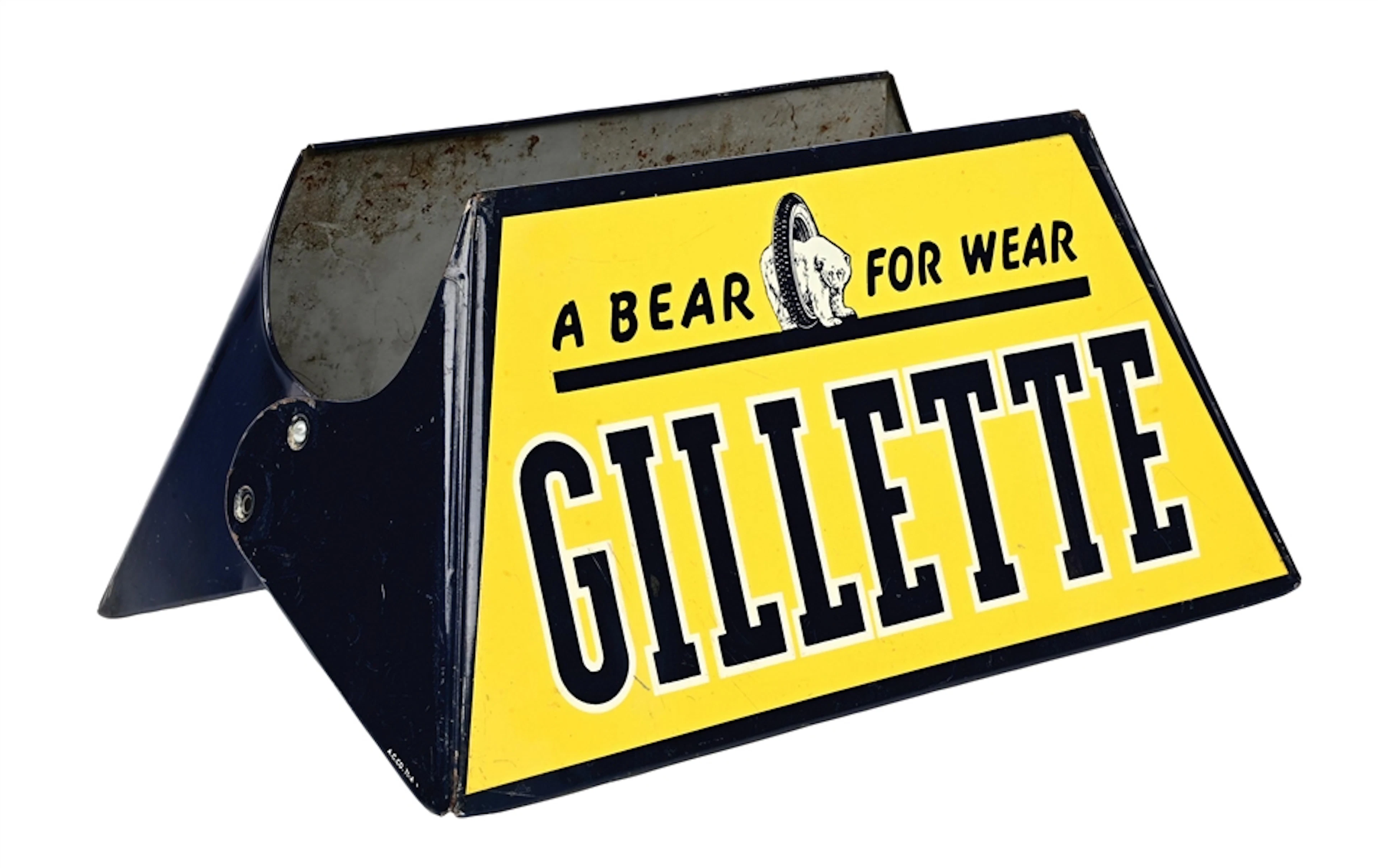 GILLETTE TIRES "A BEAR FOR WEAR" COMPLETE TIN TIRE DISPLAY W/ BEAR GRAPHIC.