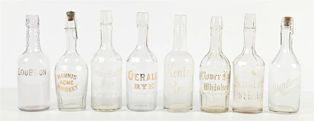 LOT OF (8) PRE PROHIBITION ETCHED GLASS WHISKEY BACK BAR BOTTLES