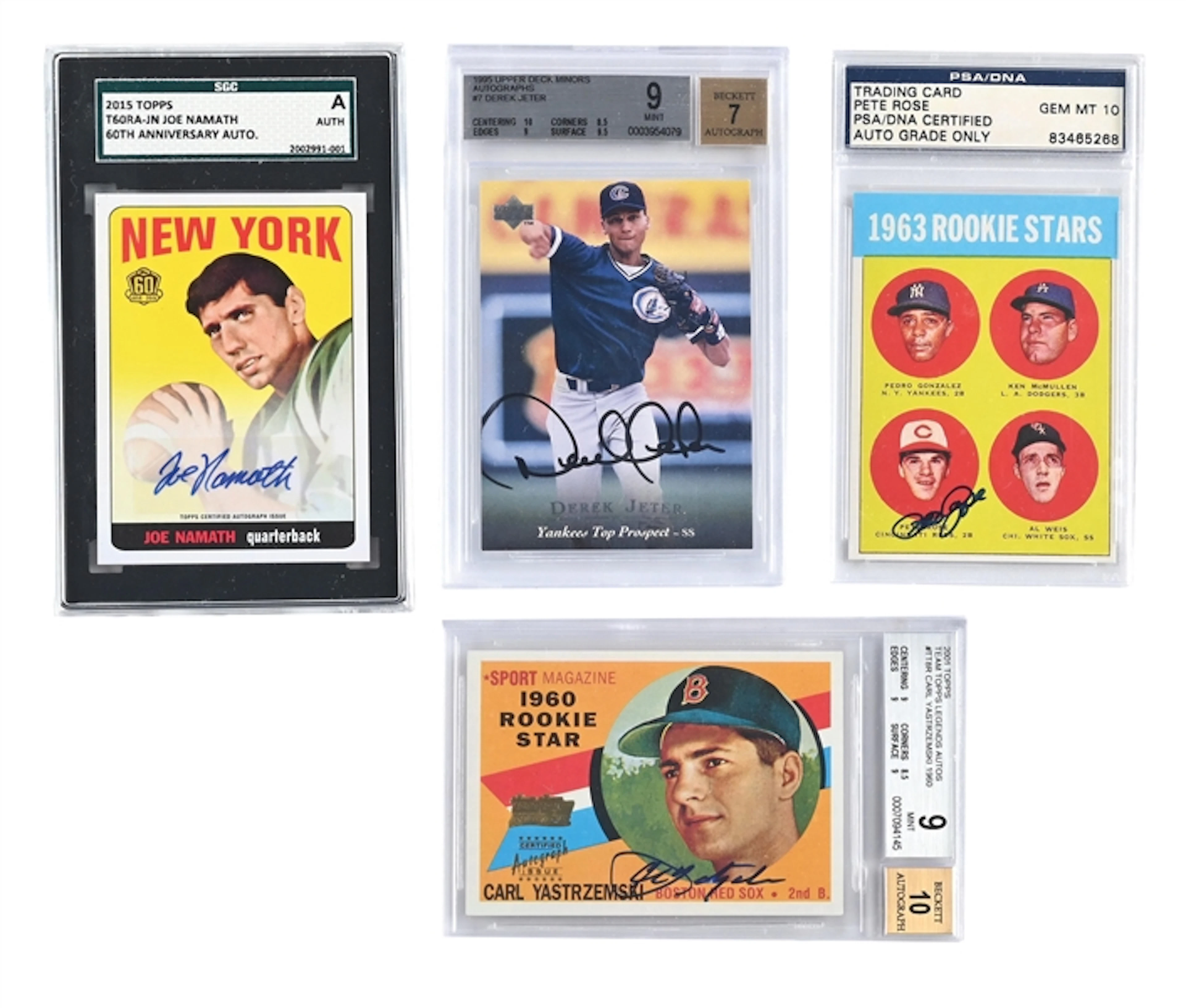 LOT OF 4: SIGNED PETE ROSE, DEREK JETER, JOE NAMATH & CARL YASTRZEMSKI CARDS