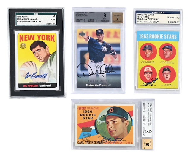 LOT OF 4: SIGNED PETE ROSE, DEREK JETER, JOE NAMATH & CARL YASTRZEMSKI CARDS