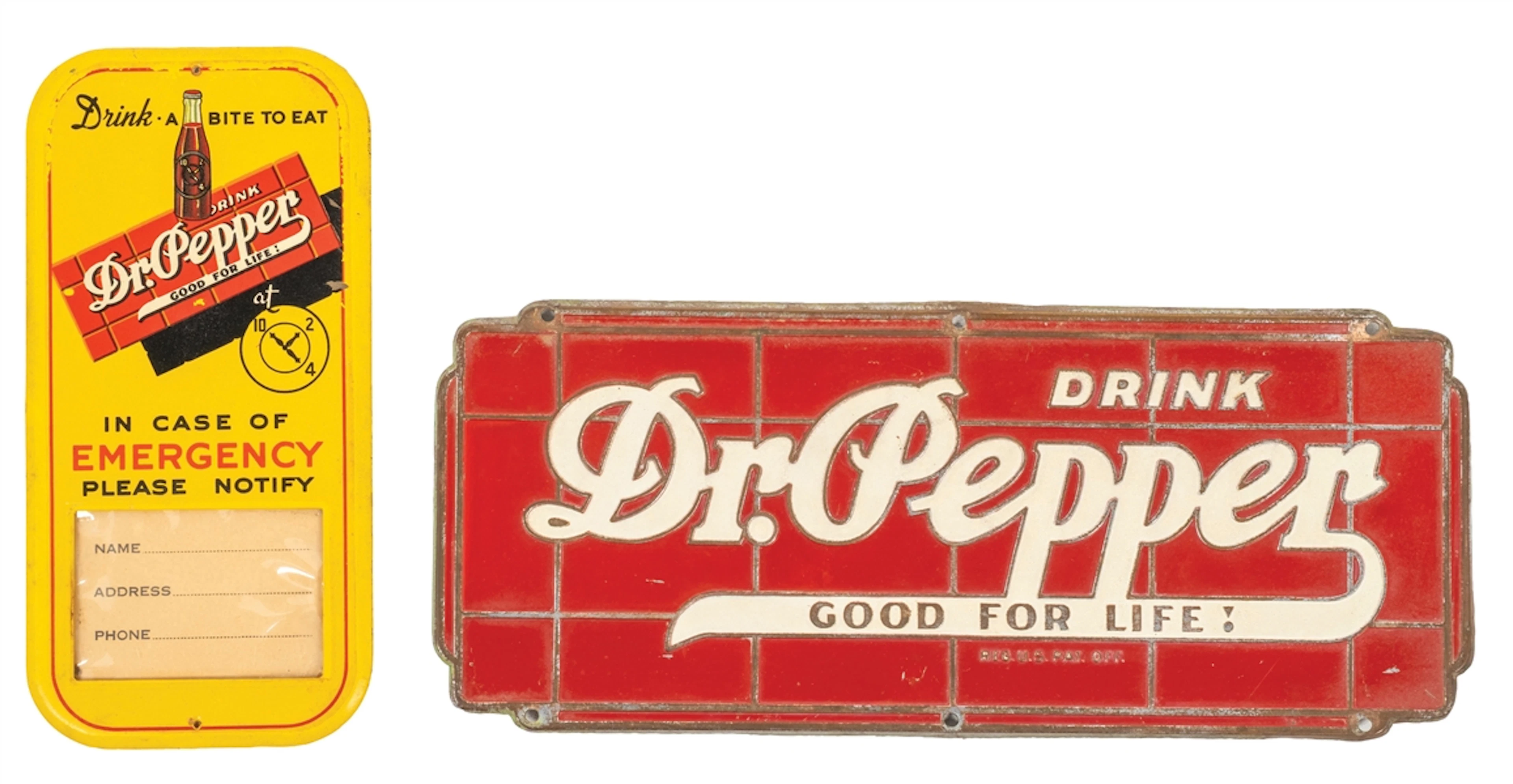 LOT OF 2 DR. PEPPER LICENSE PLATE AND EMERGENCY ADVERTISING