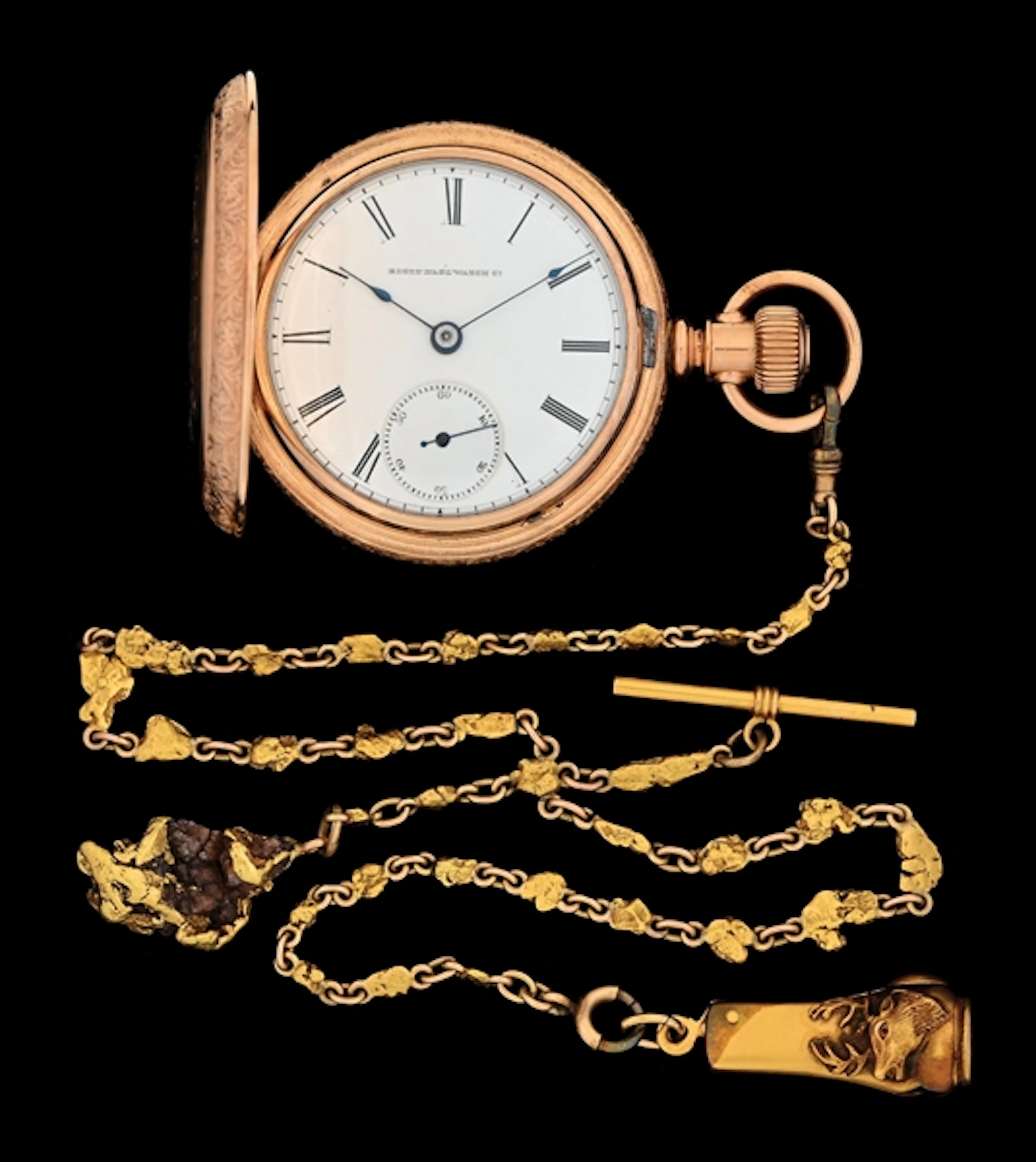 14K GOLD-FILLED ELGIN H/C POCKET WATCH W/NUGGET FOB & CHAIN