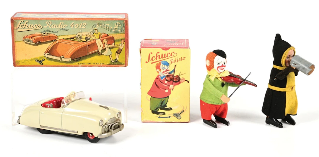LOT OF 3: SCHUCO MAIDEN, CLOWN & CAR-TYPE RADIO 4012 W/ 2 BOXES