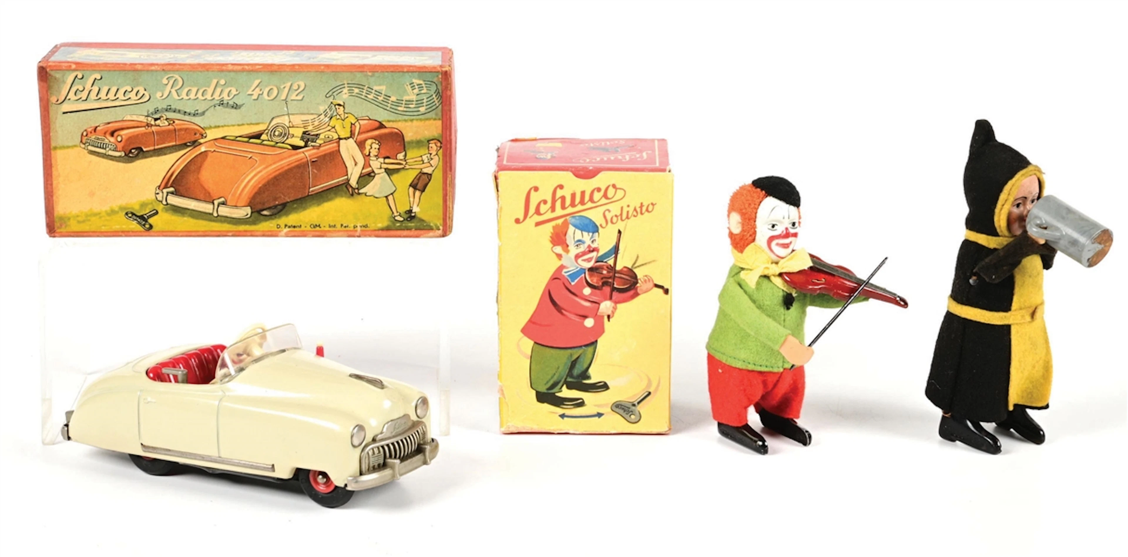 LOT OF 3: SCHUCO MAIDEN, CLOWN & CAR-TYPE RADIO 4012 W/ 2 BOXES