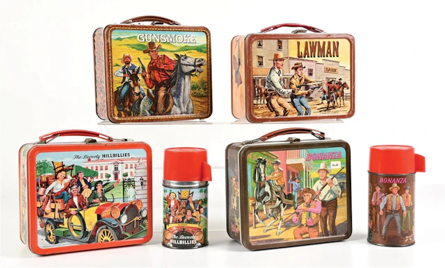 LOT OF 4: BEVERLY HILLBILLIES, LAWMAN, BONANZA, & GUNSMOKE LUNCH BOXES