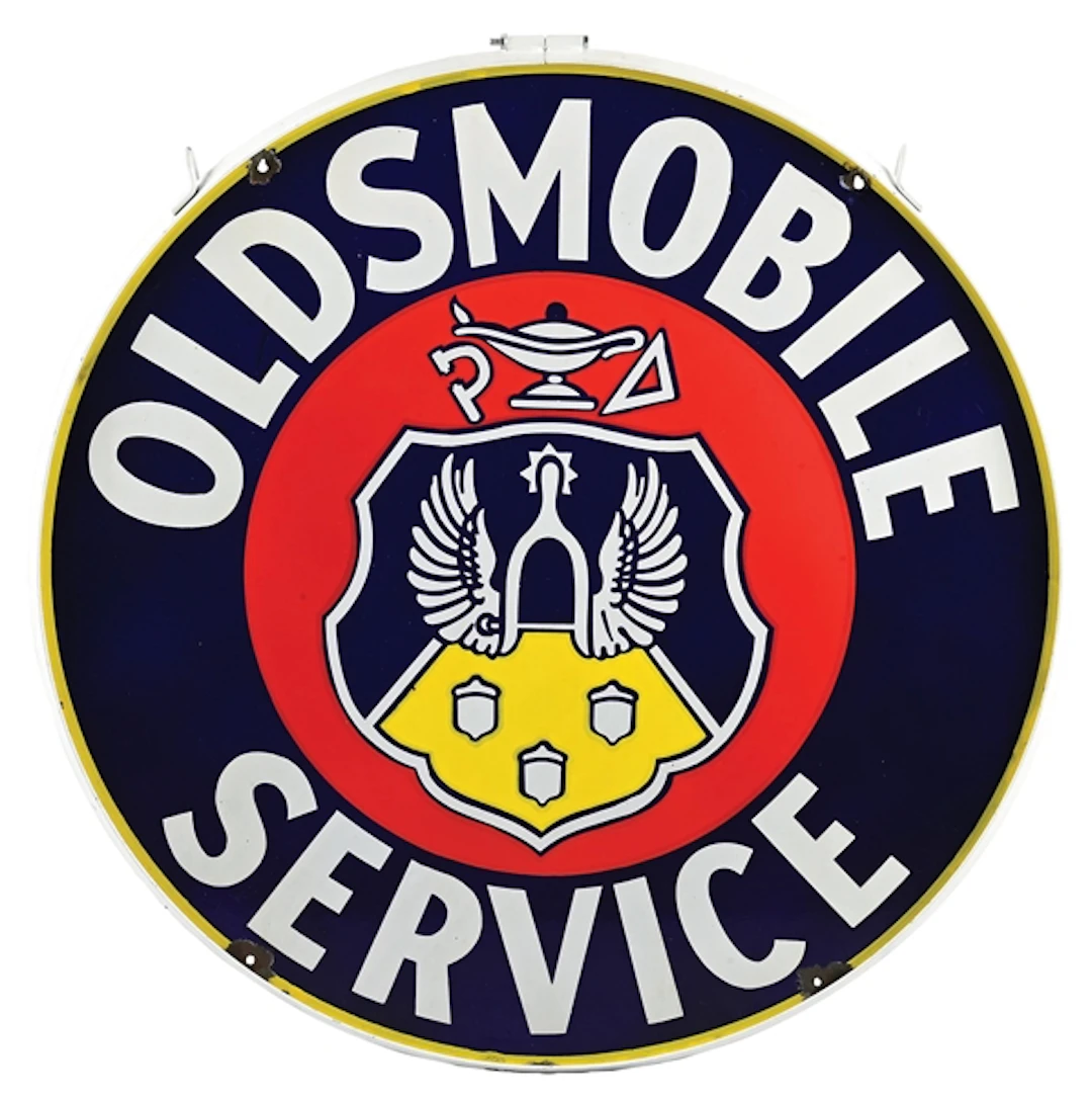 OLDSMOBILE SERVICE PORCELAIN SIGN WITH METAL RING
