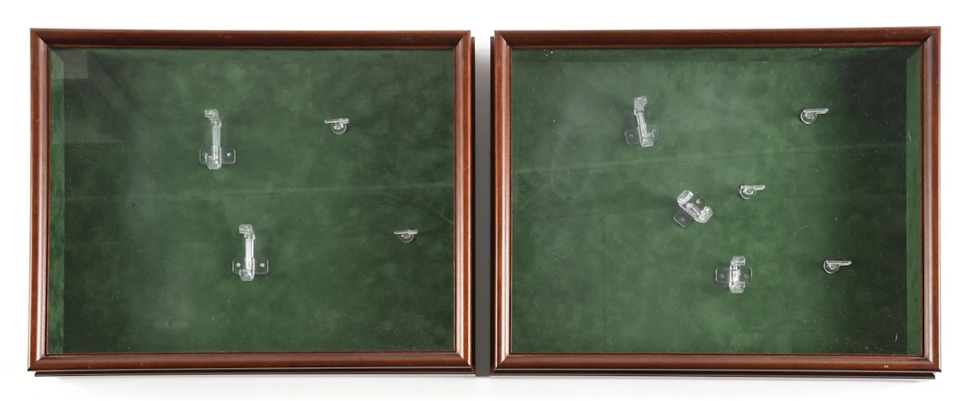 LOT OF 2: WALNUT WALL HANGING HANDGUN DISPLAY CASES.