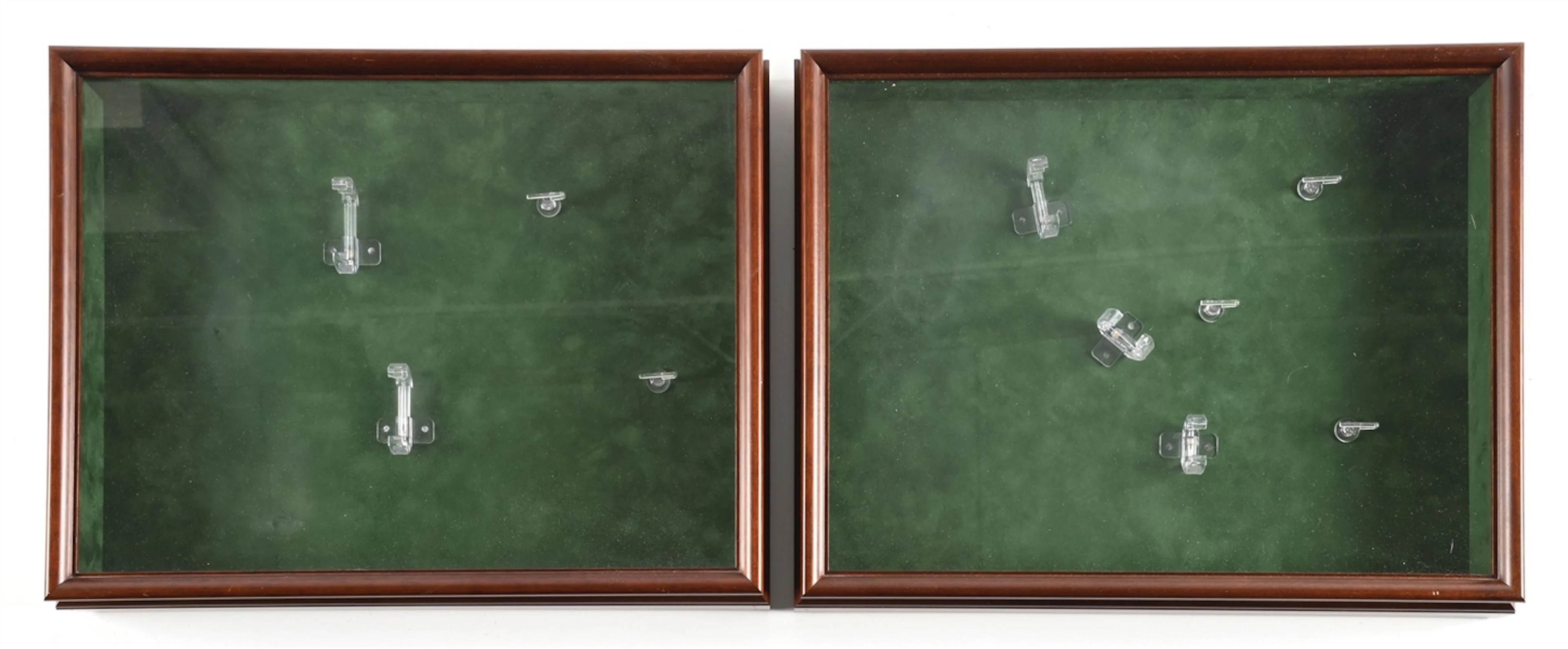 LOT OF 2: WALNUT WALL HANGING HANDGUN DISPLAY CASES.
