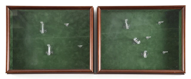 LOT OF 2: WALNUT WALL HANGING HANDGUN DISPLAY CASES.