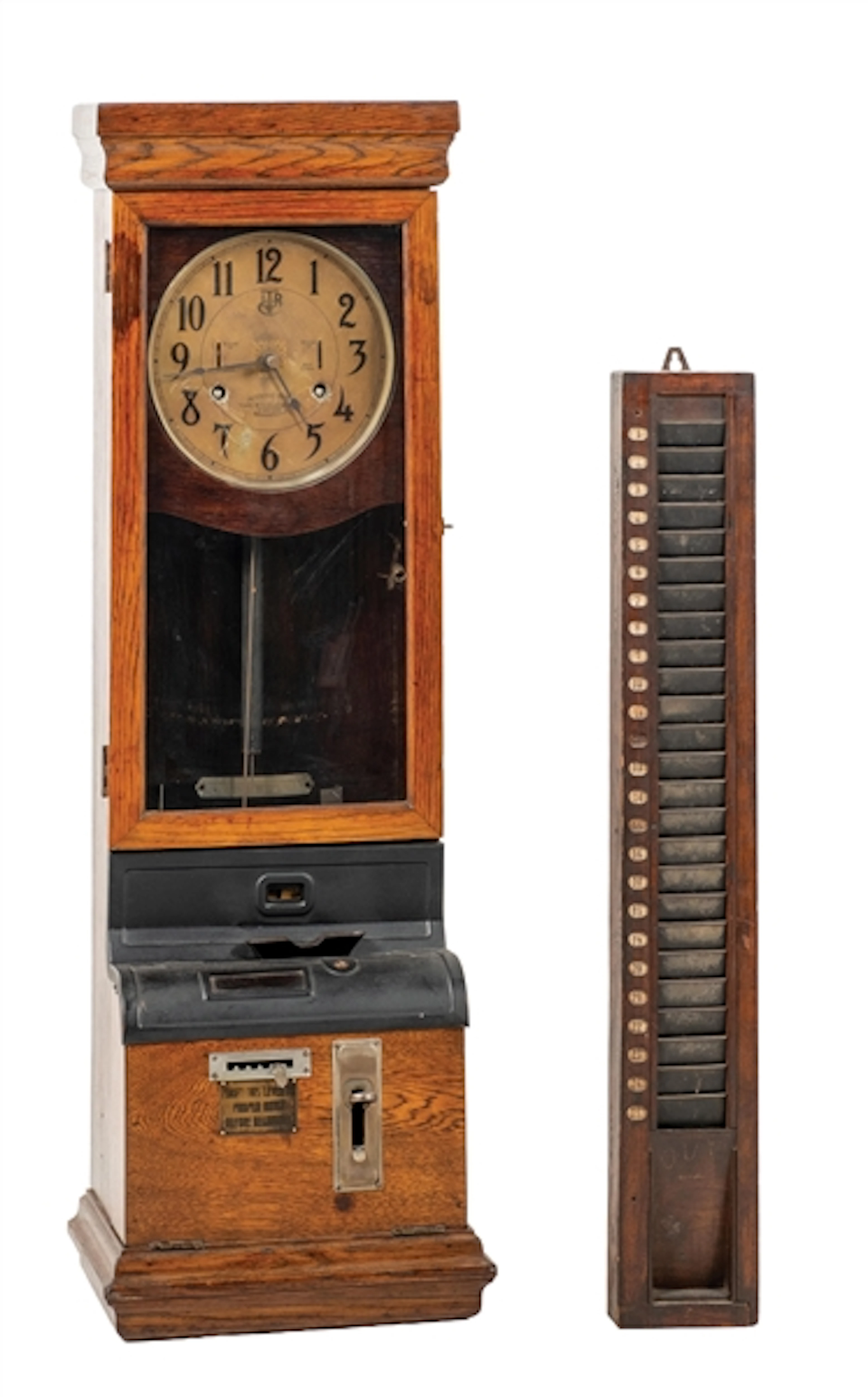 INTERNATIONAL TIME RECORDING CO. TIME CLOCK W/ WOODEN TIME CARD HOLDER