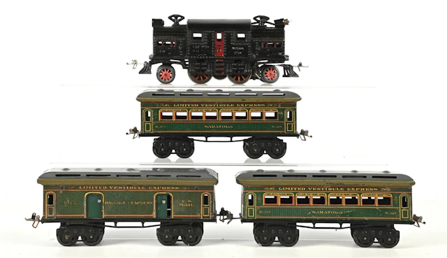 LOT OF 4: PRE-WAR IVES O-GA. NO. 3238 LOCO W/ 3 TIN LITHO LIMITED