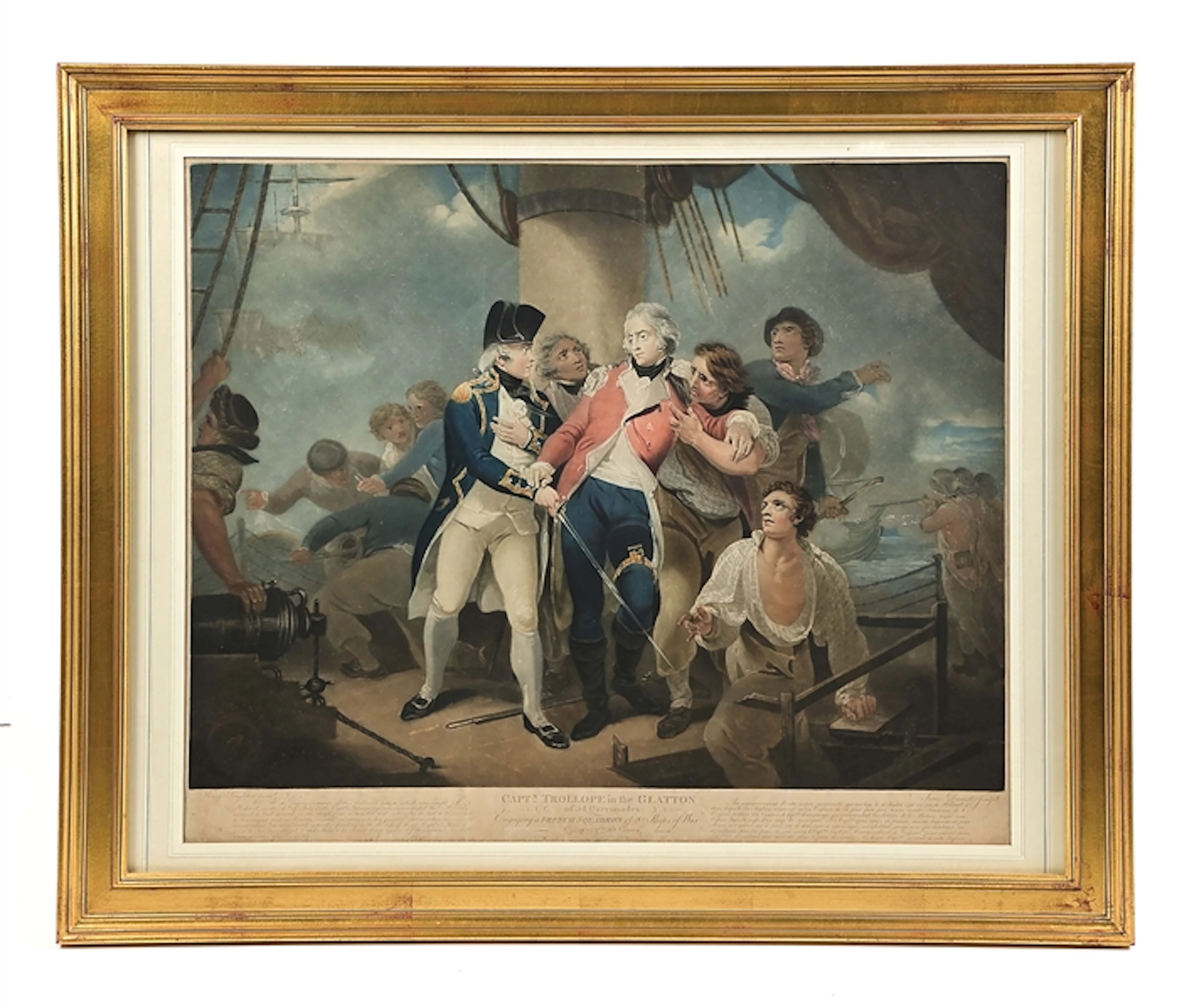 NAPOLEONIC ERA HAND-COLORED PRINT OF CAPTAIN TROLLOPE IN HMS GLATTON, 1797.