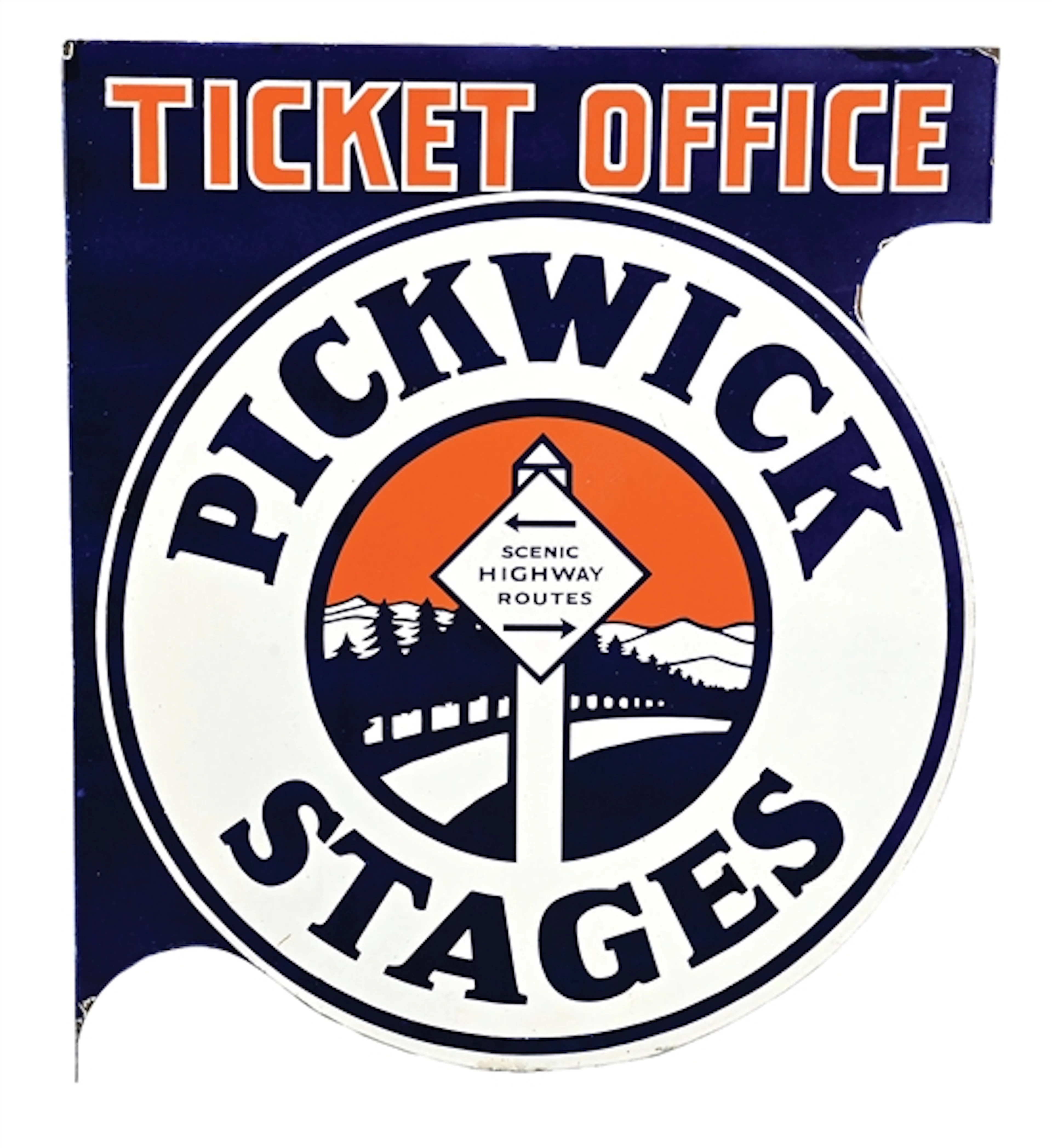 PICKWICK STAGES TICKET OFFICE PORCELAIN FLANGE SIGN