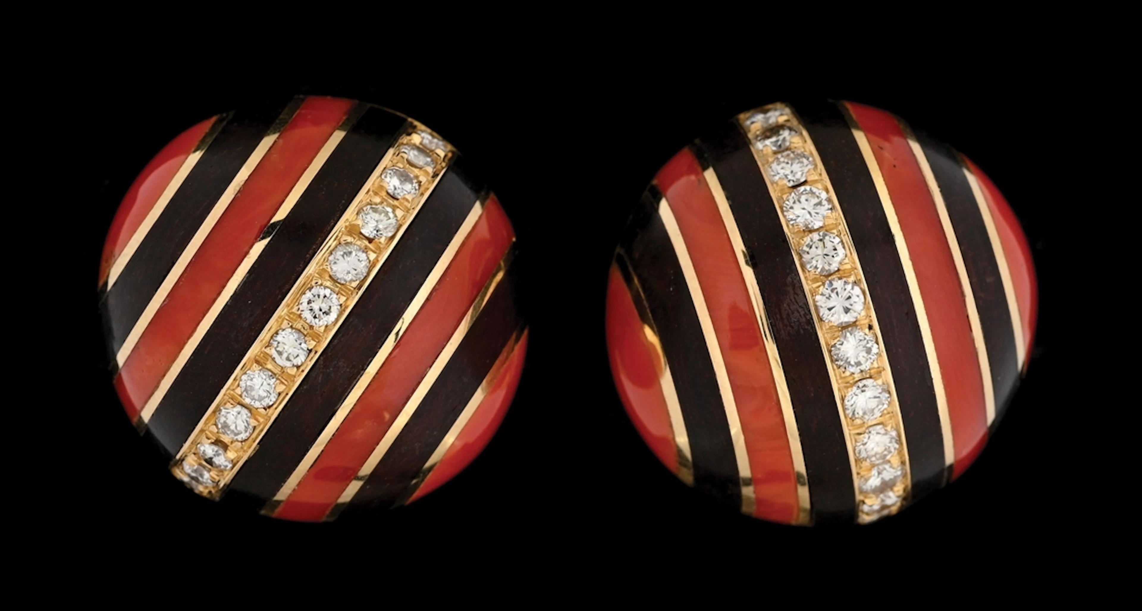 18K GOLD BVLGARI DIAMOND EARRINGS W/INLAID CORAL & EBONY