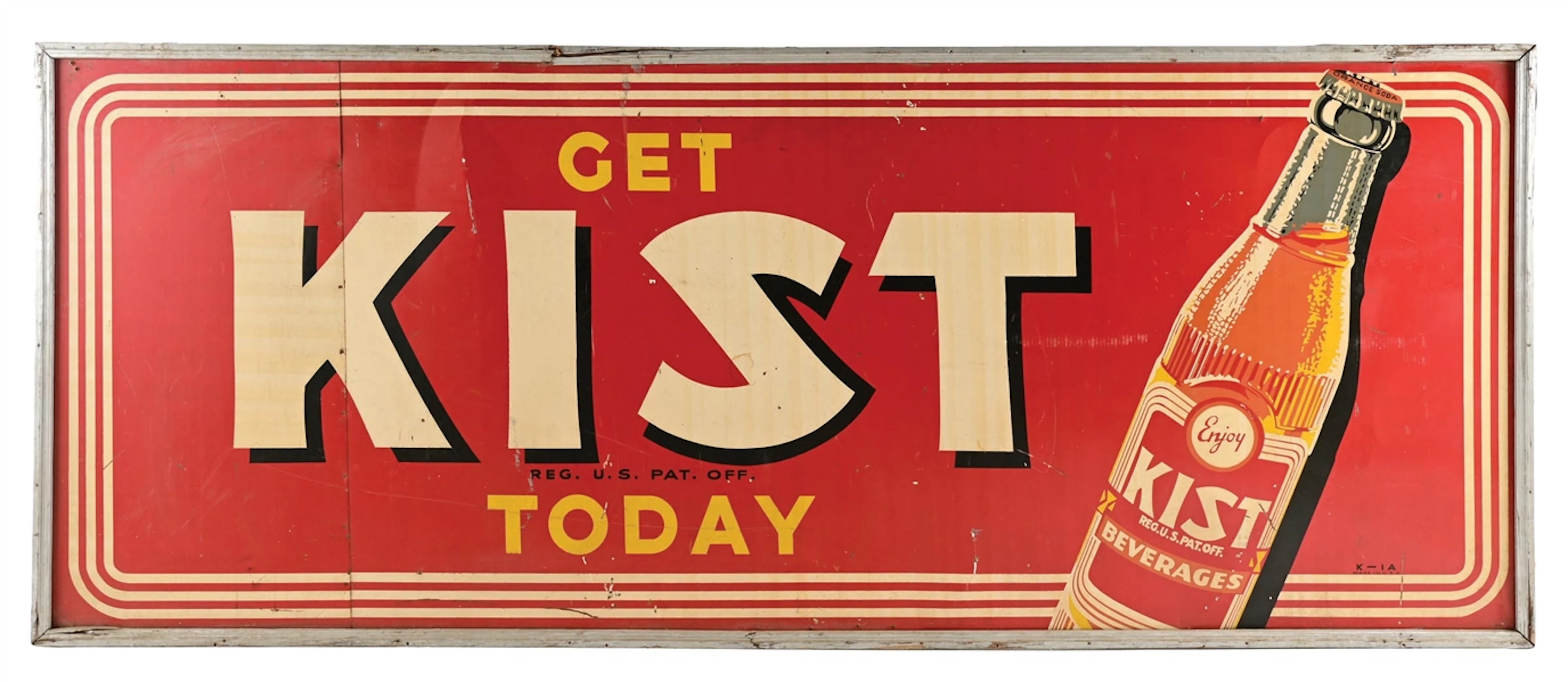 GET KIST TODAY TIN ADVERTISING BILLBOARD SIGN WITH BOTTLE GRAPHIC.
