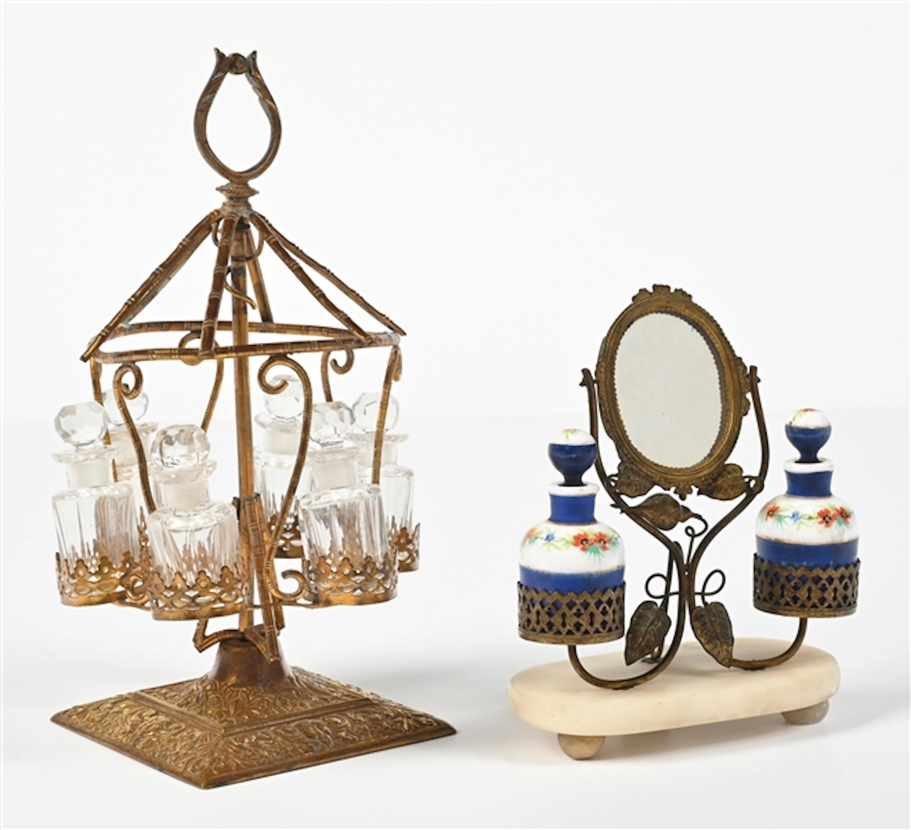 LOT OF 2: ORNATE 6-BOTTLE & 2-BOTTLE PERFUME CADDIES