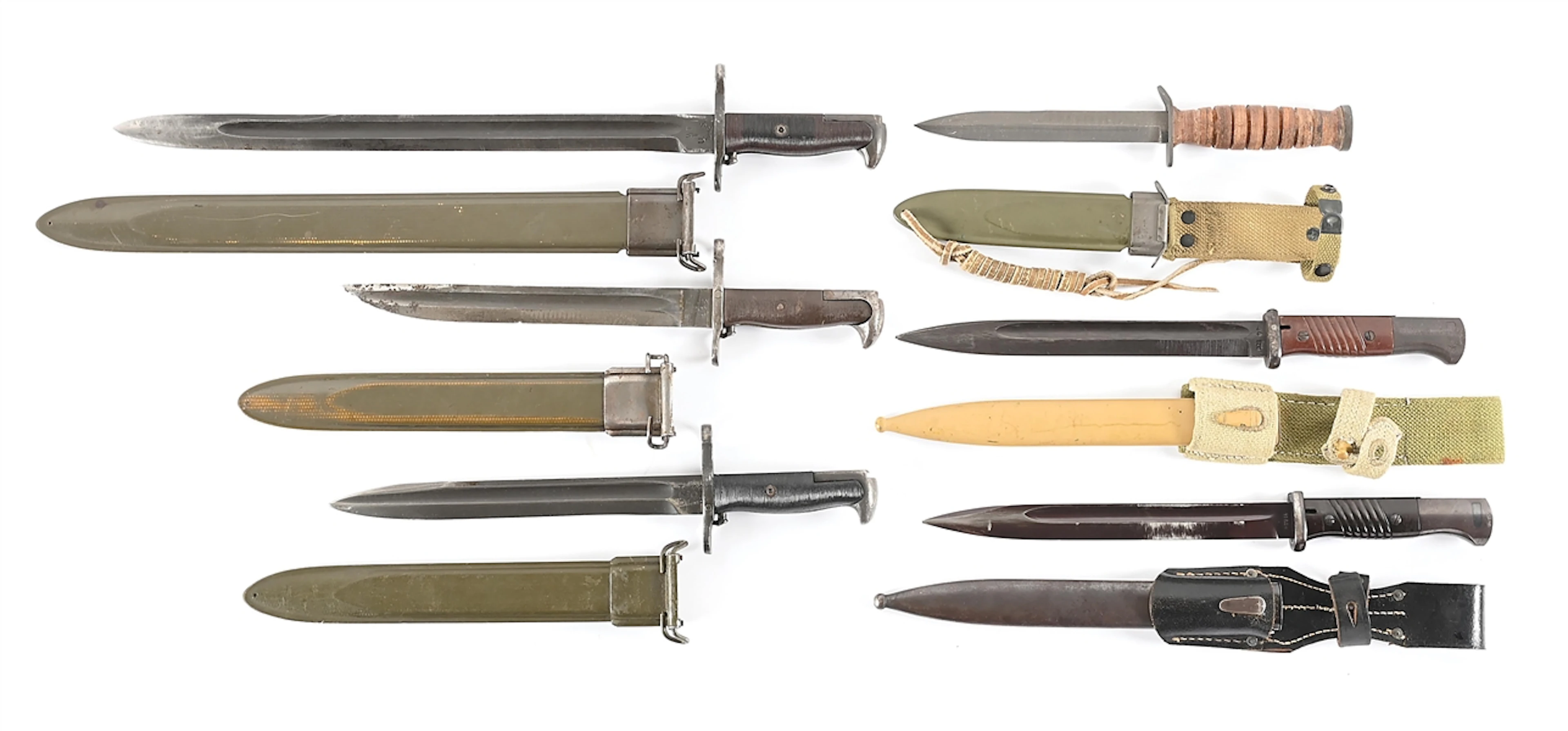 LOT OF 6: US AND GERMAN WWII M1 GARAND & K98 BAYONETS AND M3 FIGHTING KNIFE.