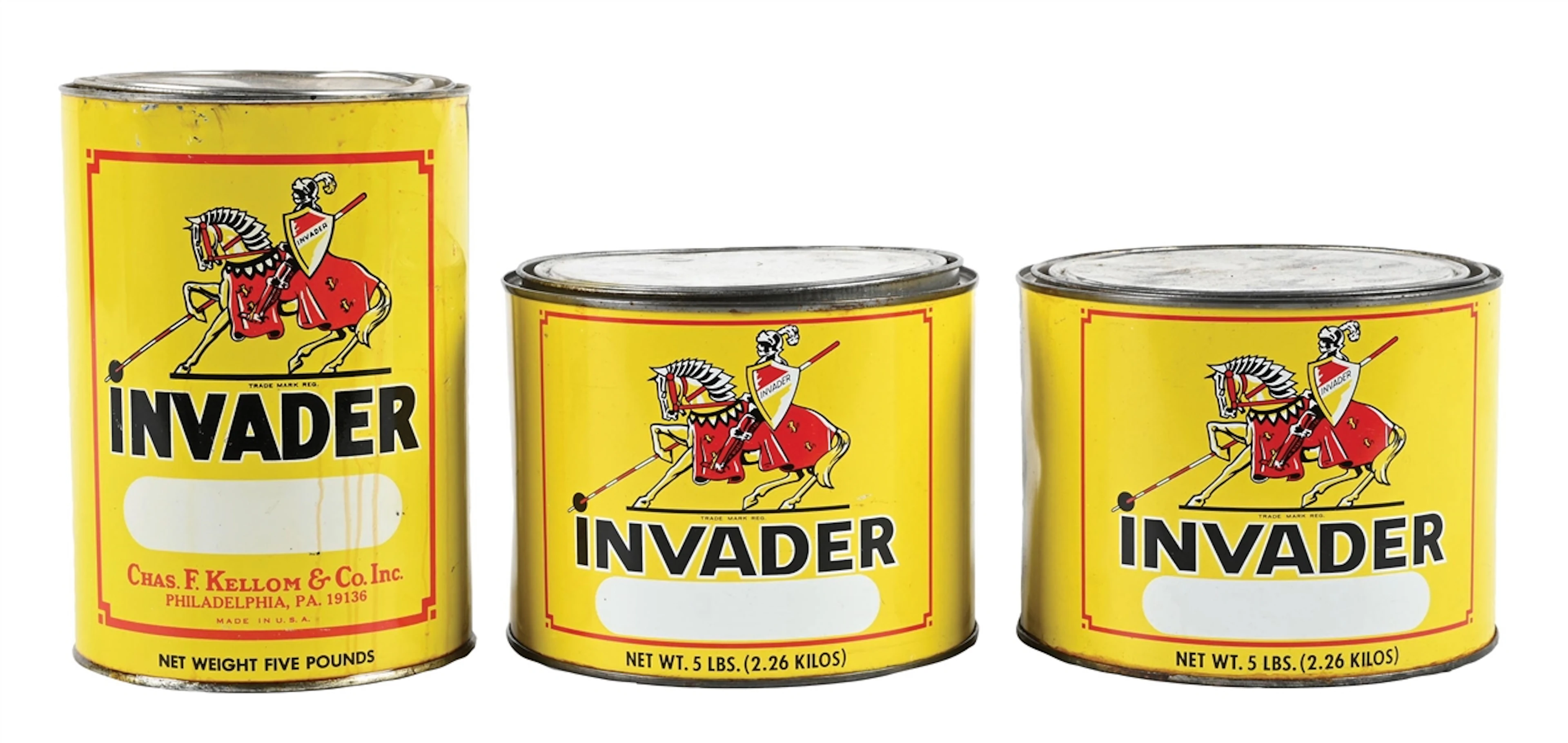 COLLECTION OF 3: INVADER FIVE POUND GREASE CANS W/ KNIGHT GRAPHIC.