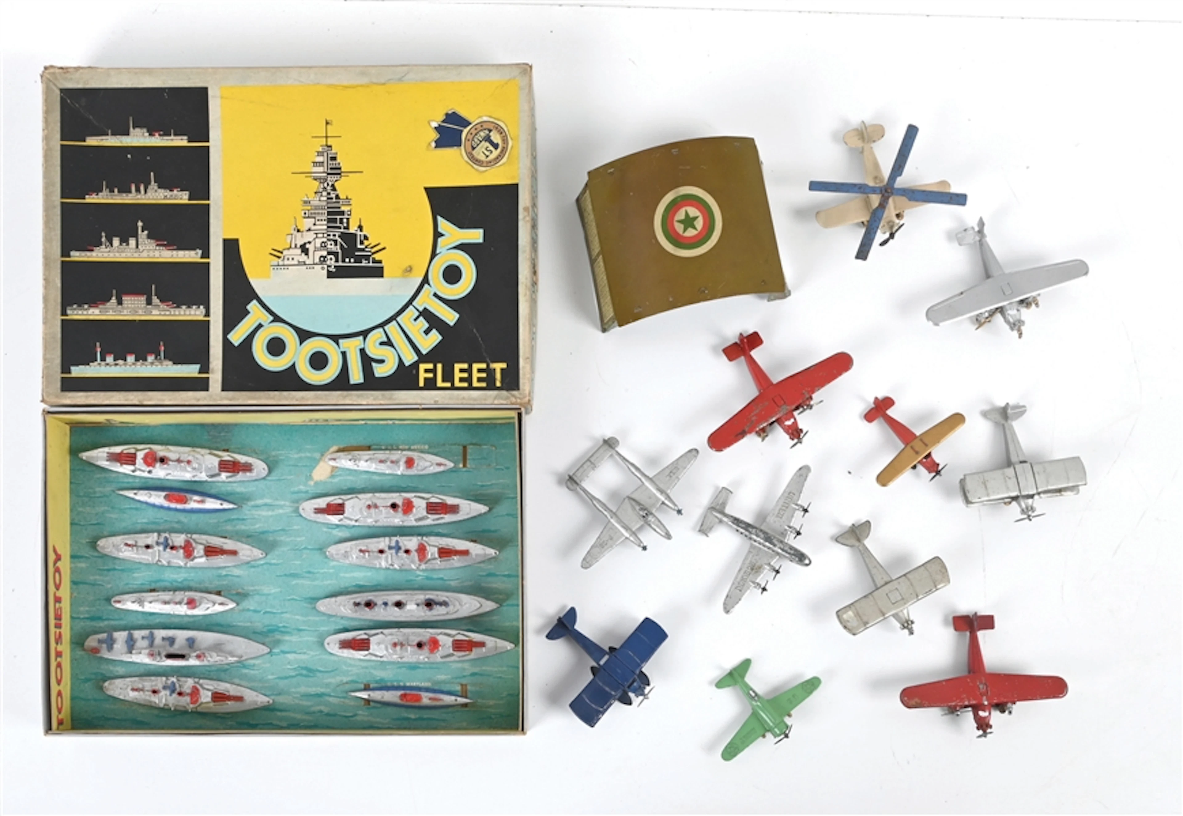 LOT OF 13: TOOTSIETOY DIECAST FLEET WITH ORIG. BOX AND AIRPORT W/ AIRPLANES